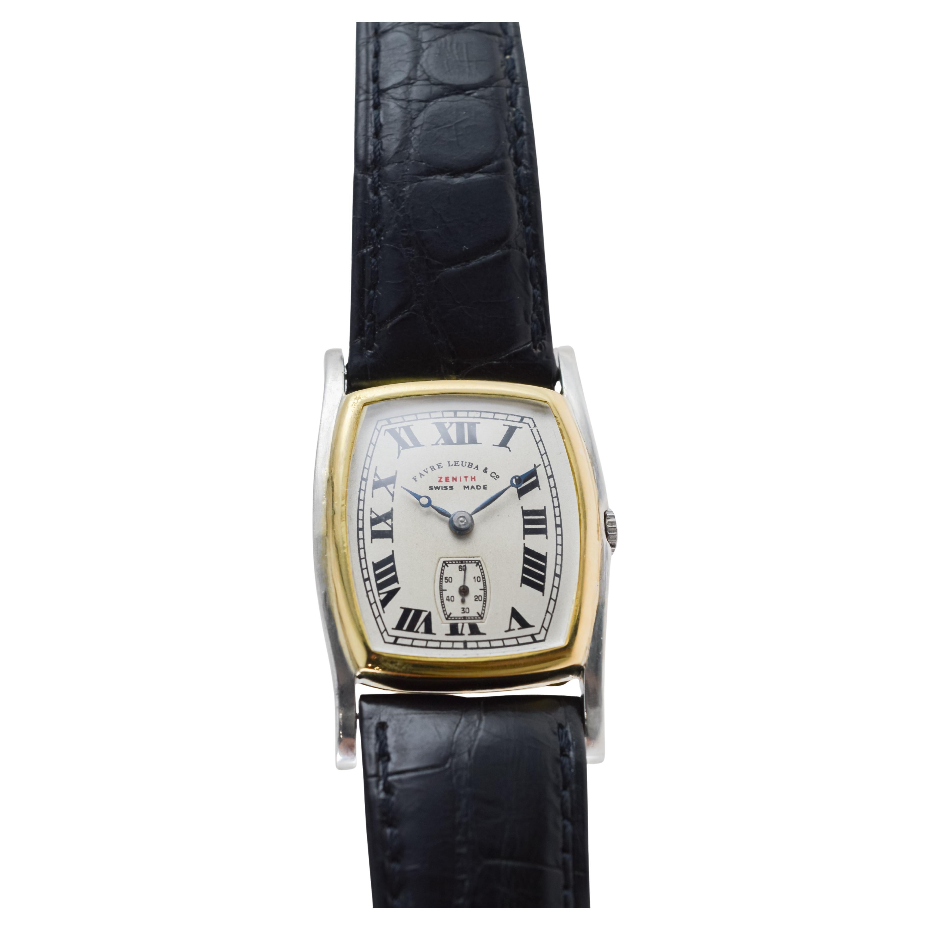 Zenith Rare Two Tone 18Kt Gold  Art Deco Watch circa 1930's for Favre Leuba For Sale 3
