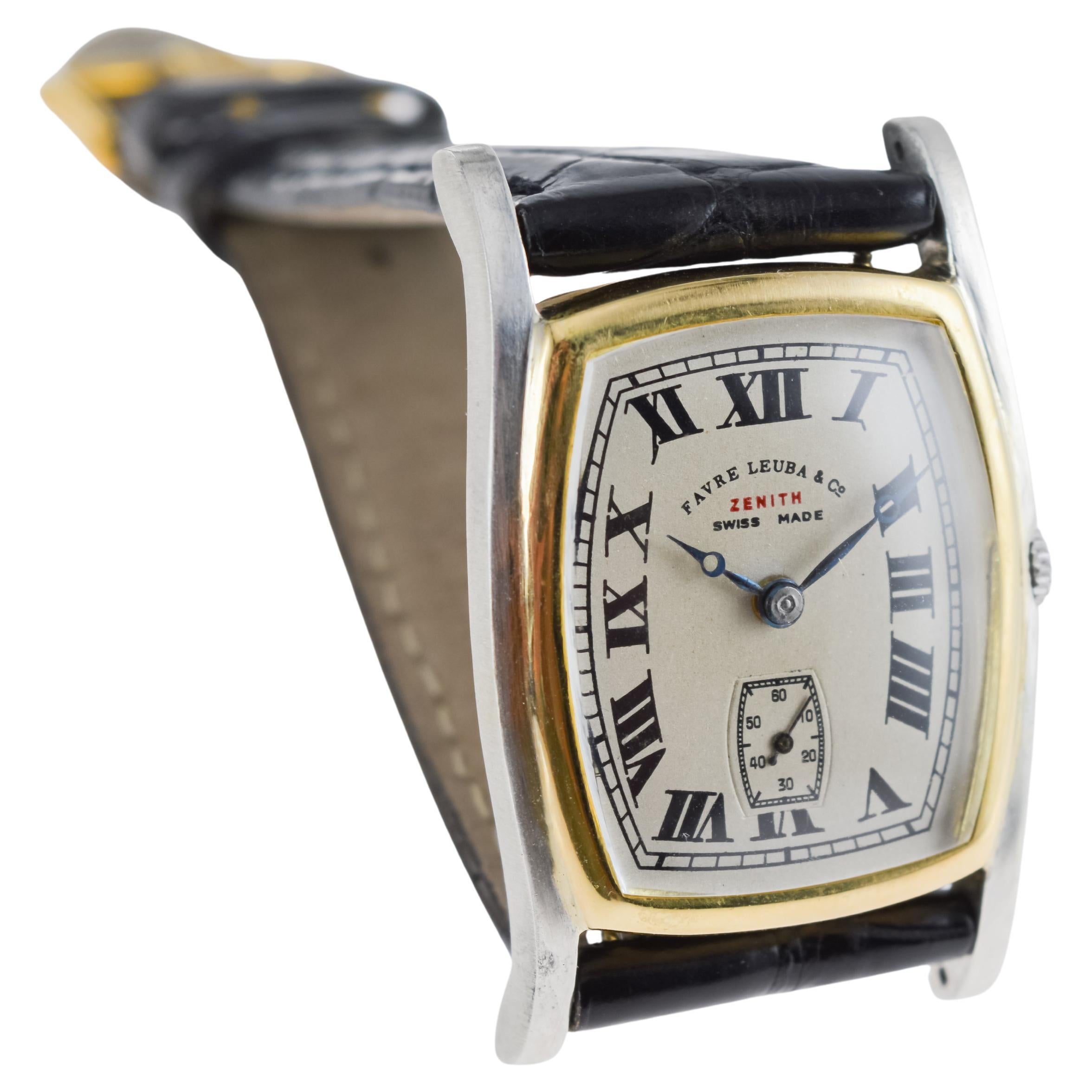 Zenith Rare Two Tone 18Kt Gold  Art Deco Watch circa 1930's for Favre Leuba For Sale 4