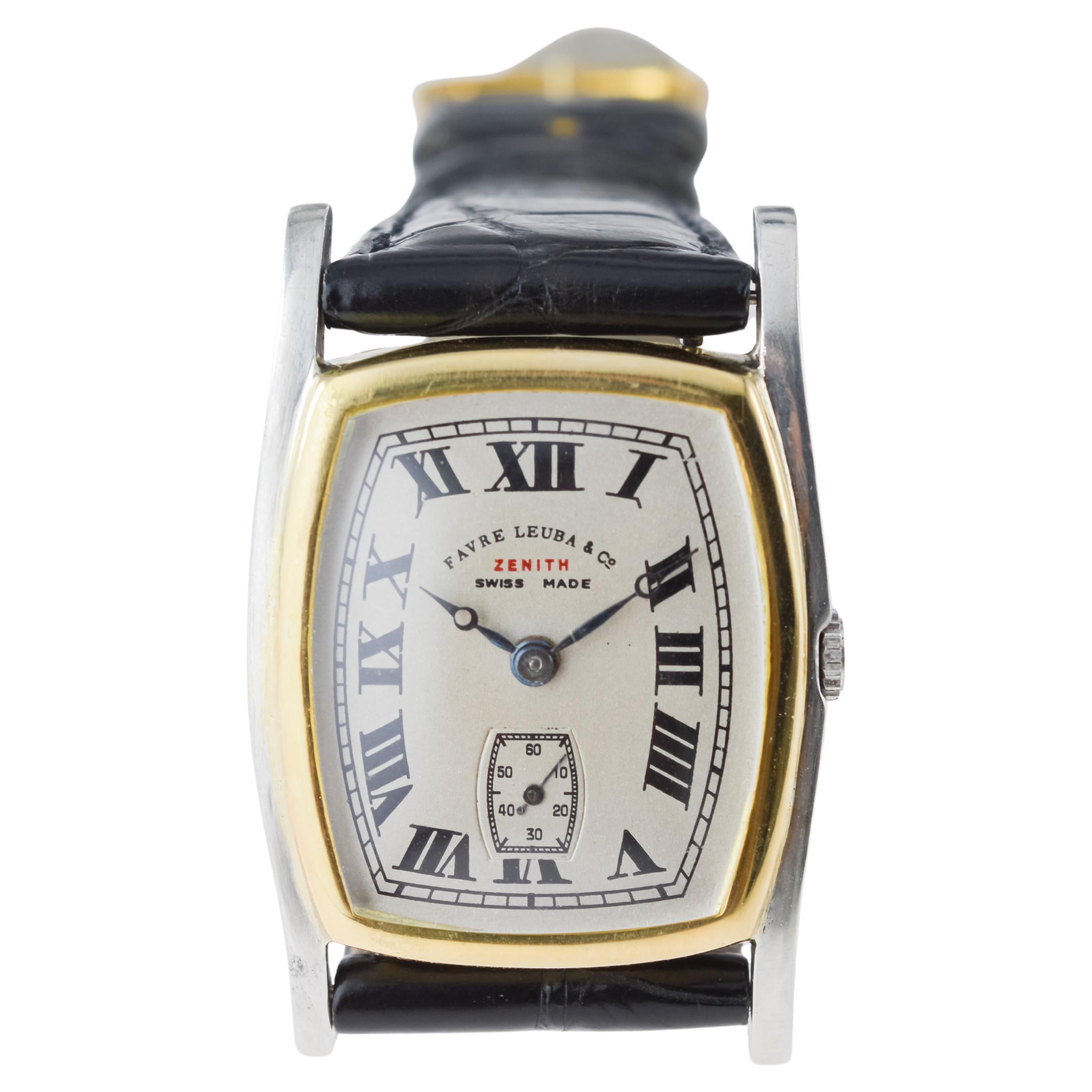 Zenith Rare Two Tone 18Kt Gold  Art Deco Watch circa 1930's for Favre Leuba For Sale 5