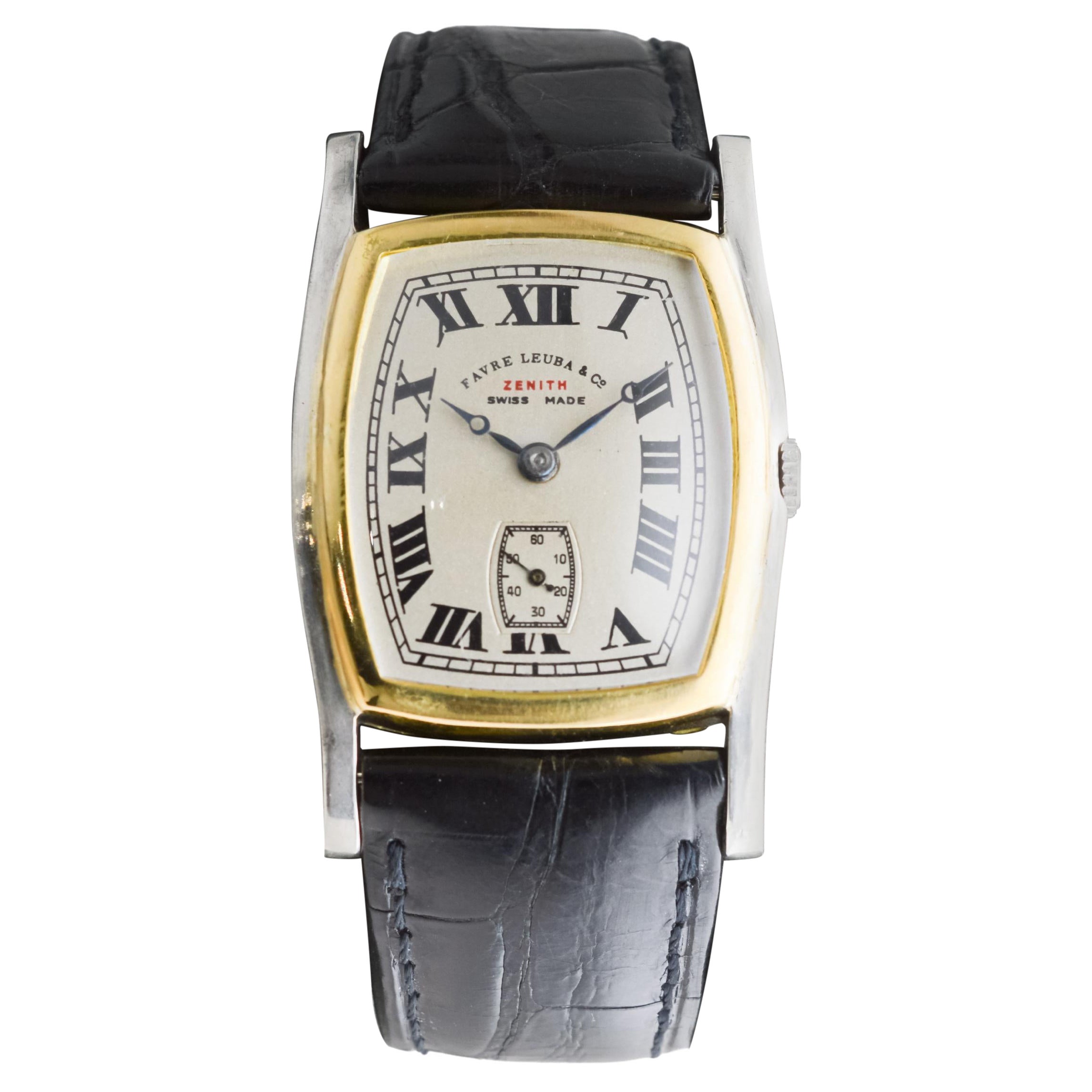 Zenith Rare Two Tone 18Kt Gold  Art Deco Watch circa 1930's for Favre Leuba For Sale