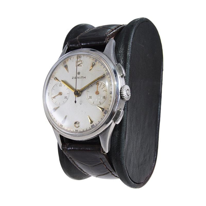 Zenith Montre-bracelet chronographe à cadran manuel en acier inoxydable avec cadran d'origine, vers les années 1940 Unisexe en vente