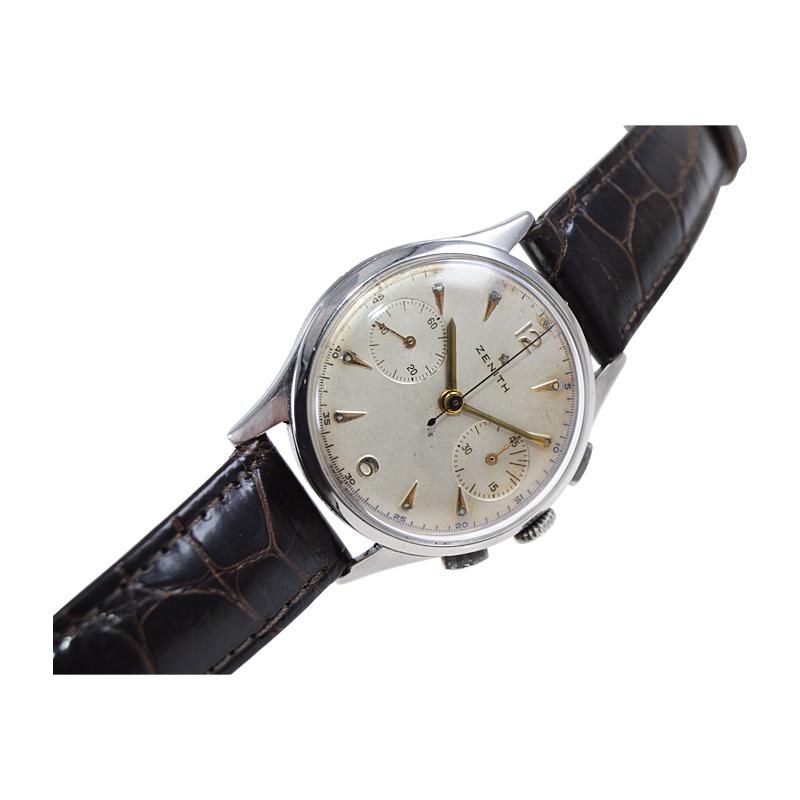 Zenith Montre-bracelet chronographe à cadran manuel en acier inoxydable avec cadran d'origine, vers les années 1940 en vente 1