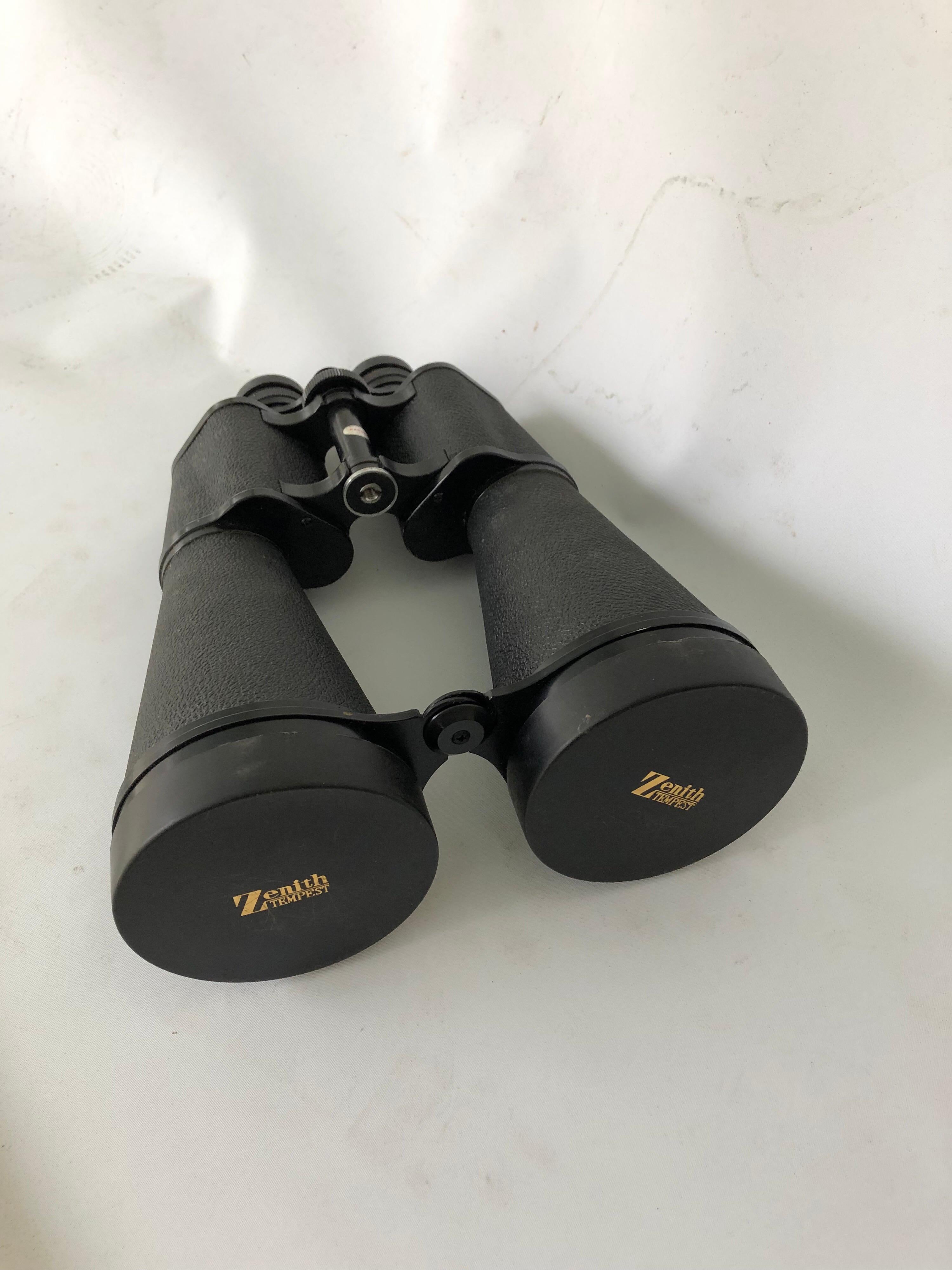 Extremely tall zenith tempest 20 x 80 binoculars in black leather case with red felt interior lining. Straps for both the binoculars and the case.
