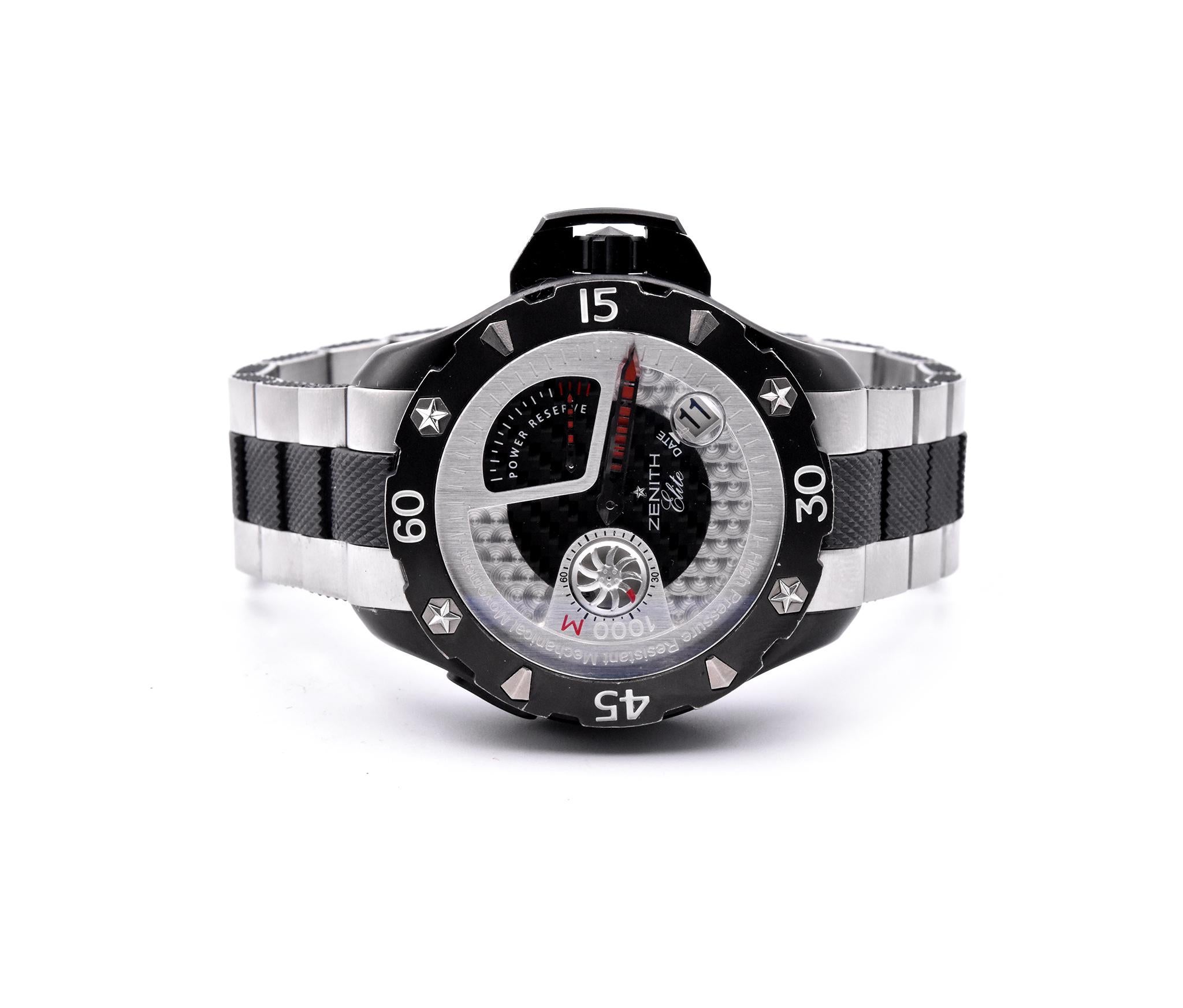 Movement: automatic 
Function: Date, Hour, Minute, Small Second, Power Reserved 
Case: 4mm titanium case, sapphire crystal, screw-down crown, waterproof to 1000 meters
Band: two tone (black, grey) titanium bracelet
Dial: silver carbon dial, Minute
