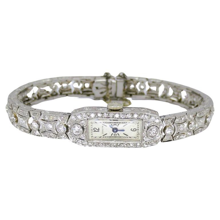 Zenith Watch Art Deco Platinum Diamond Antique Estate Jewelry In Good Condition For Sale In Beverly Hills, CA