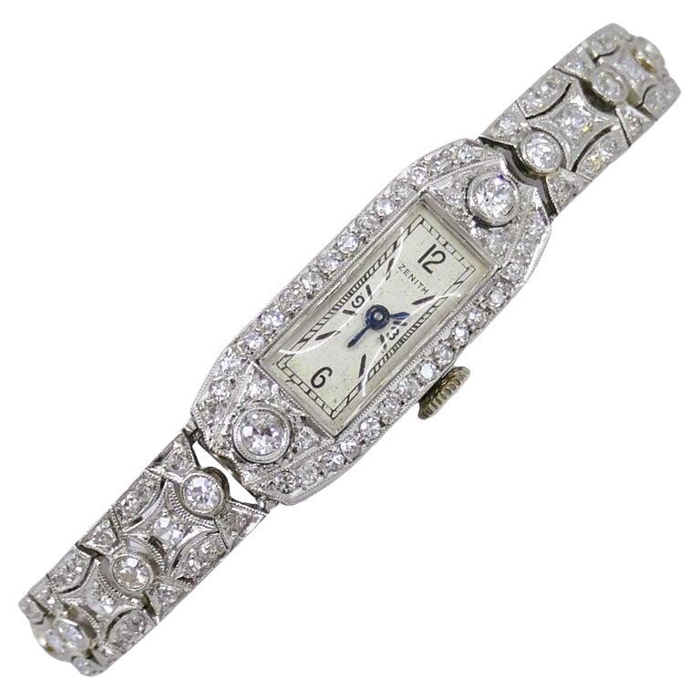 Zenith Watch Art Deco Platinum Diamond Antique Estate Jewelry For Sale