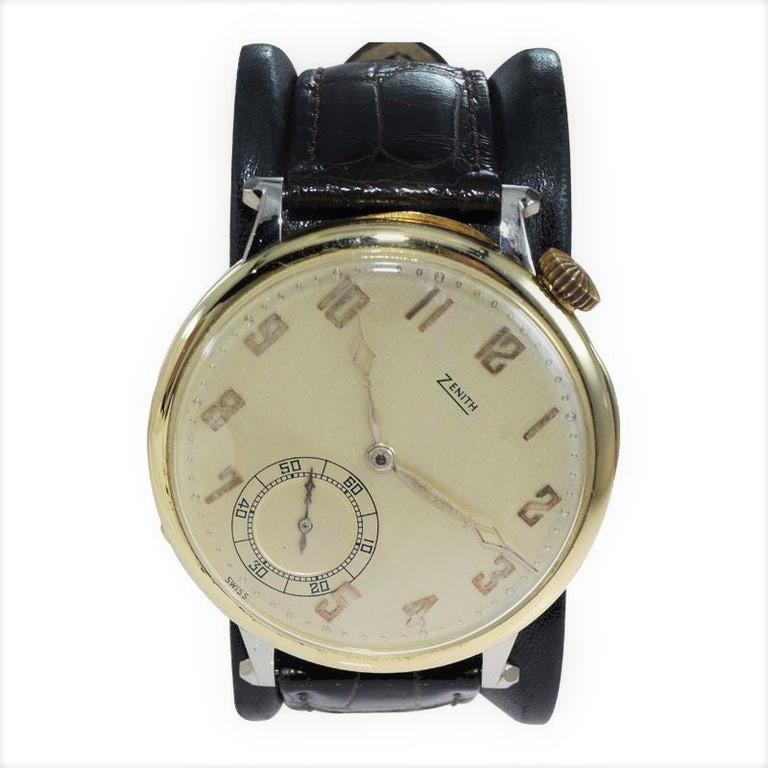 FACTORY / HOUSE: Zenith Watch Company
STYLE / REFERENCE: Art Deco / Pocket Watch Wrist Watch
METAL / MATERIAL: 14Kt. Solid Yellow Gold and White Gold
DIMENSIONS: Length 49mm X Diameter 44mm
CIRCA: 1920's
MOVEMENT / CALIBER: Manual Winding / 17