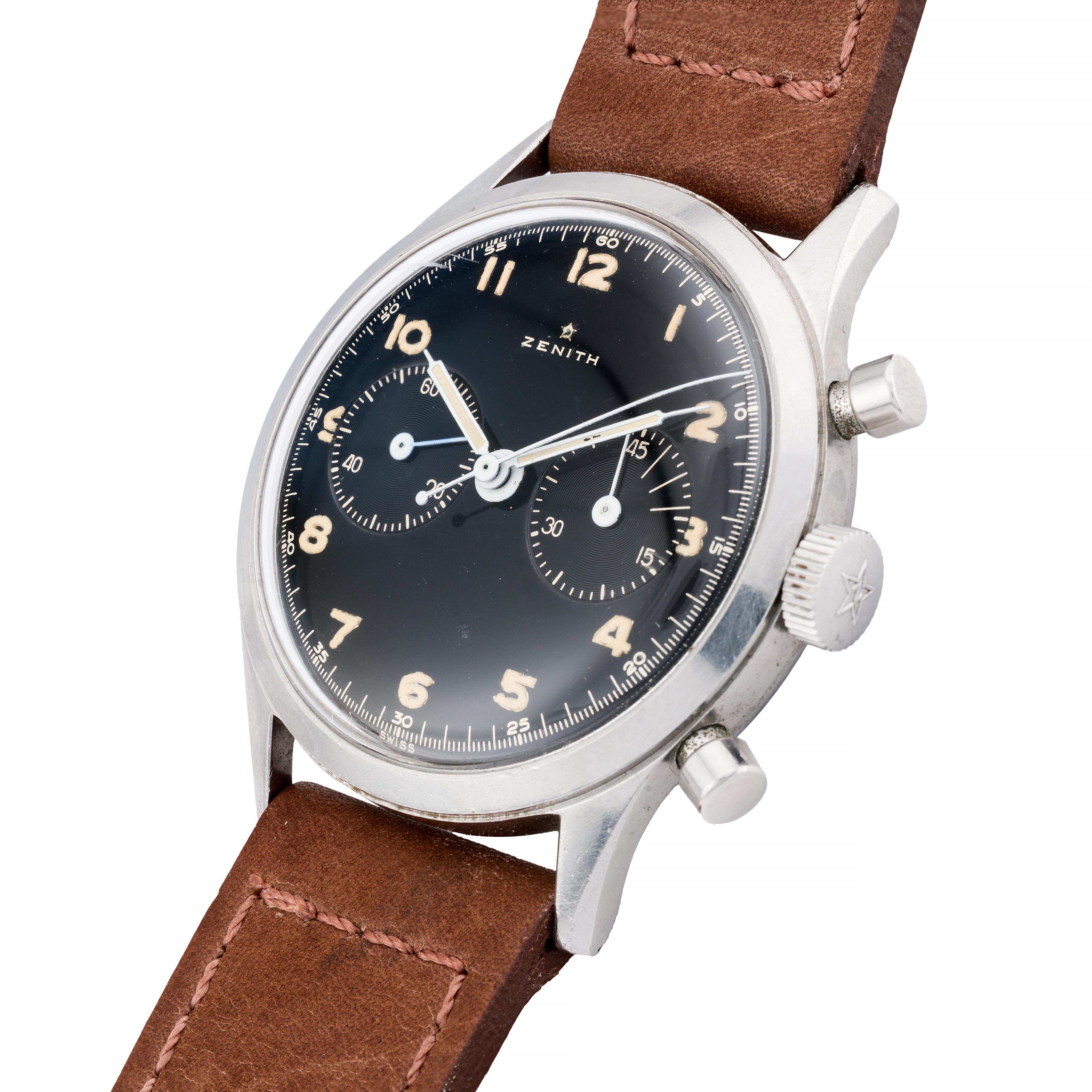 Aston Estate Jewelry Presents:

A meticulously crafted Zenith Pilot's Military chronograph in stainless steel. Ordered by the Ugoslavian Air Force on January 20th of 1954, only 2000 of these unique timepieces were ever produced for issue to Air