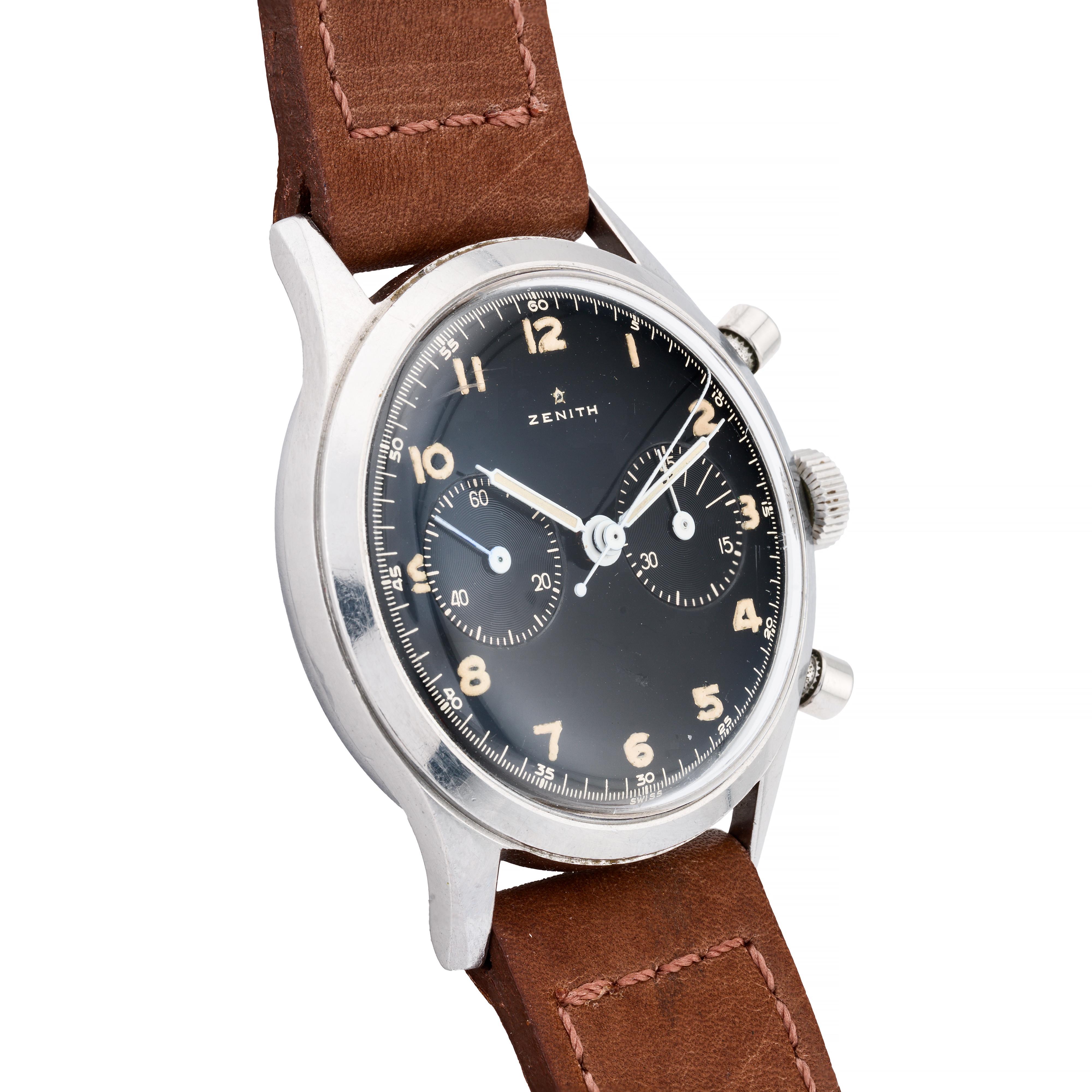 Modern Zenith Yugoslavian Military 143-6 Chronograph Black Gilt Dial, Stainless For Sale