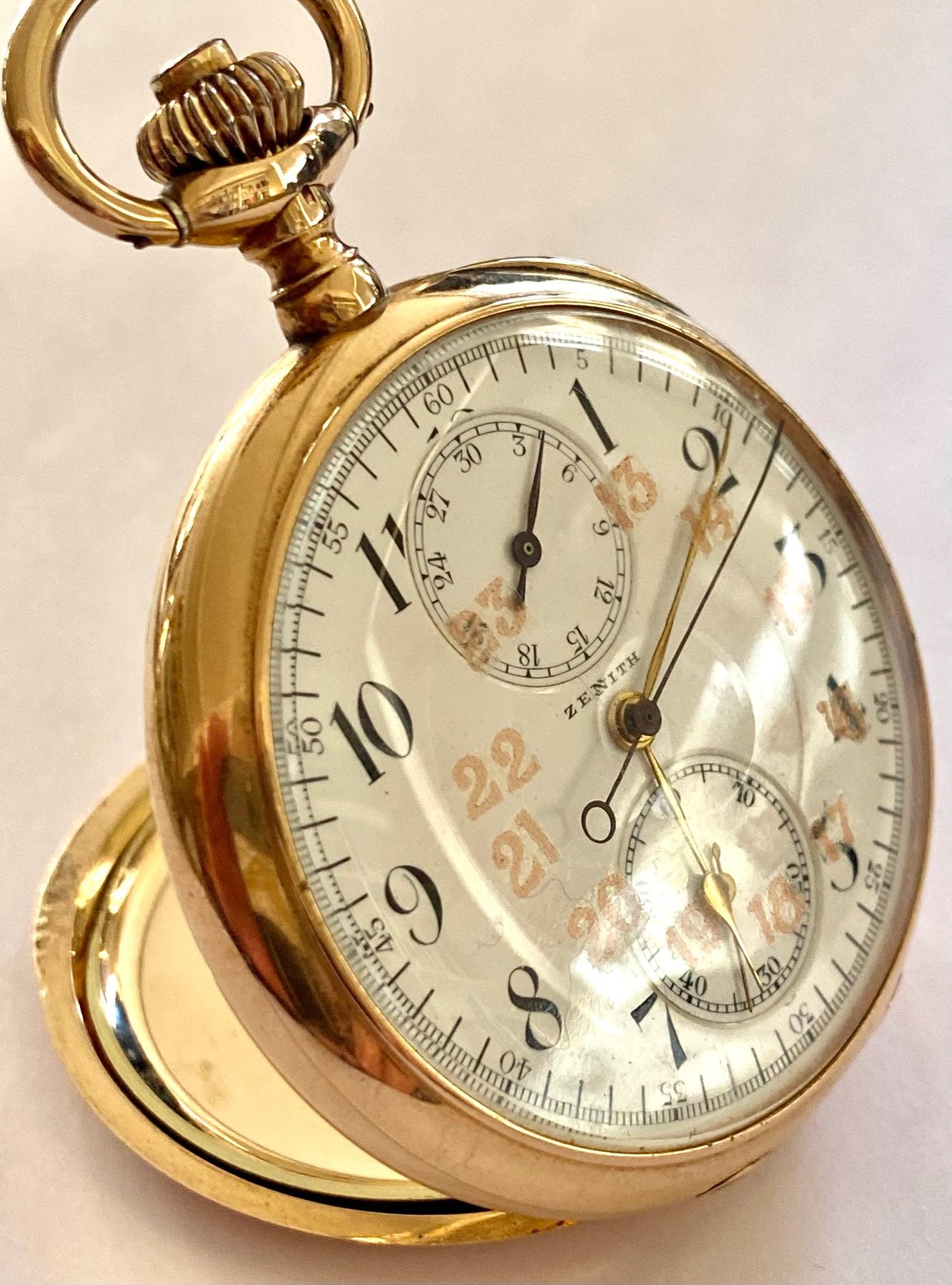 One (1) 14K. Yellow gold pocket watch
brand: Zenith
Function: time, second hand and 30 minute chronograph
size: diameter: 50 mm. thickness: 13 mm
Weight: 83.21 grams
Case no : 186431 movement no: 2358914
Made around 1930
Comes with the original box