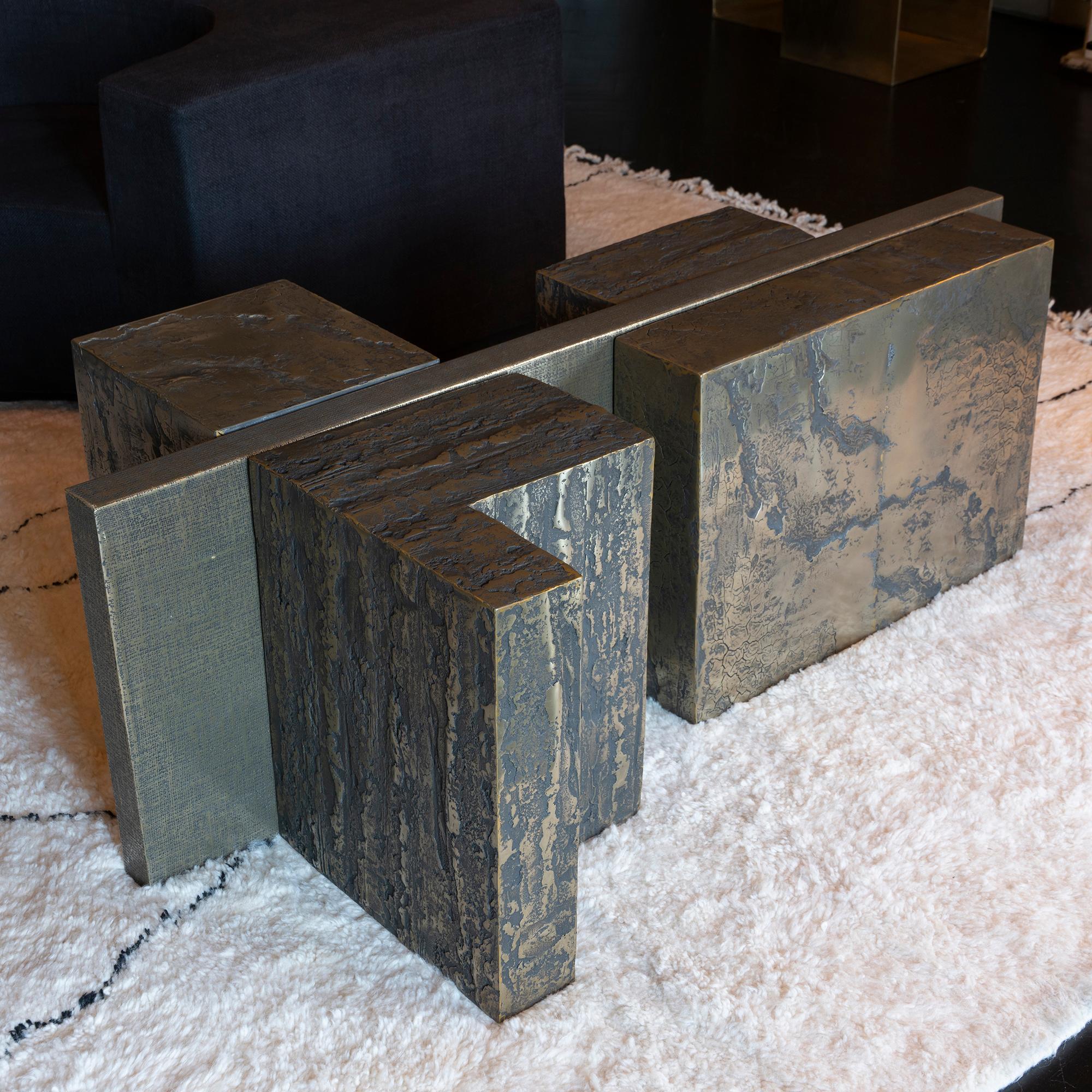 Part of the capsule collection created by Romano Zenoni for Flair, one of a kind coffee table realized in different textured patterns in resin, brass, bronze and jute, grey fumé tempered glass top cm 140 x 50, Italy, 2019.