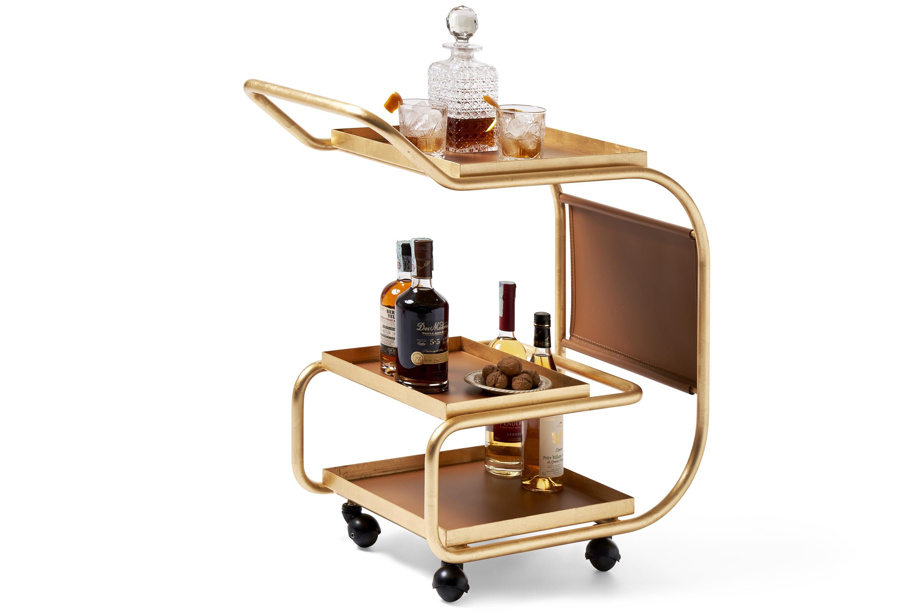A trolley, a bar cart, an independent workstation… Zenzero is surprising, peppery, engaging, it is hospitality on wheels.

Three steel trays are supported by a sinuous structure made of thin steel tubes, with a convenient pocket in regenerated
