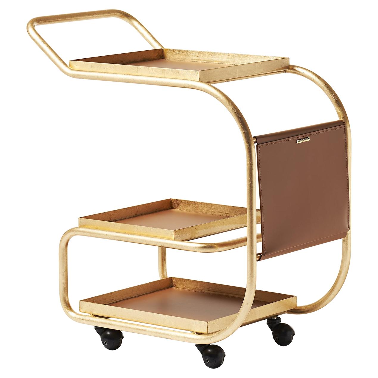 Zenzero Trolley in Glossy Gold Structure with Leather Finish by Samer Alameen For Sale
