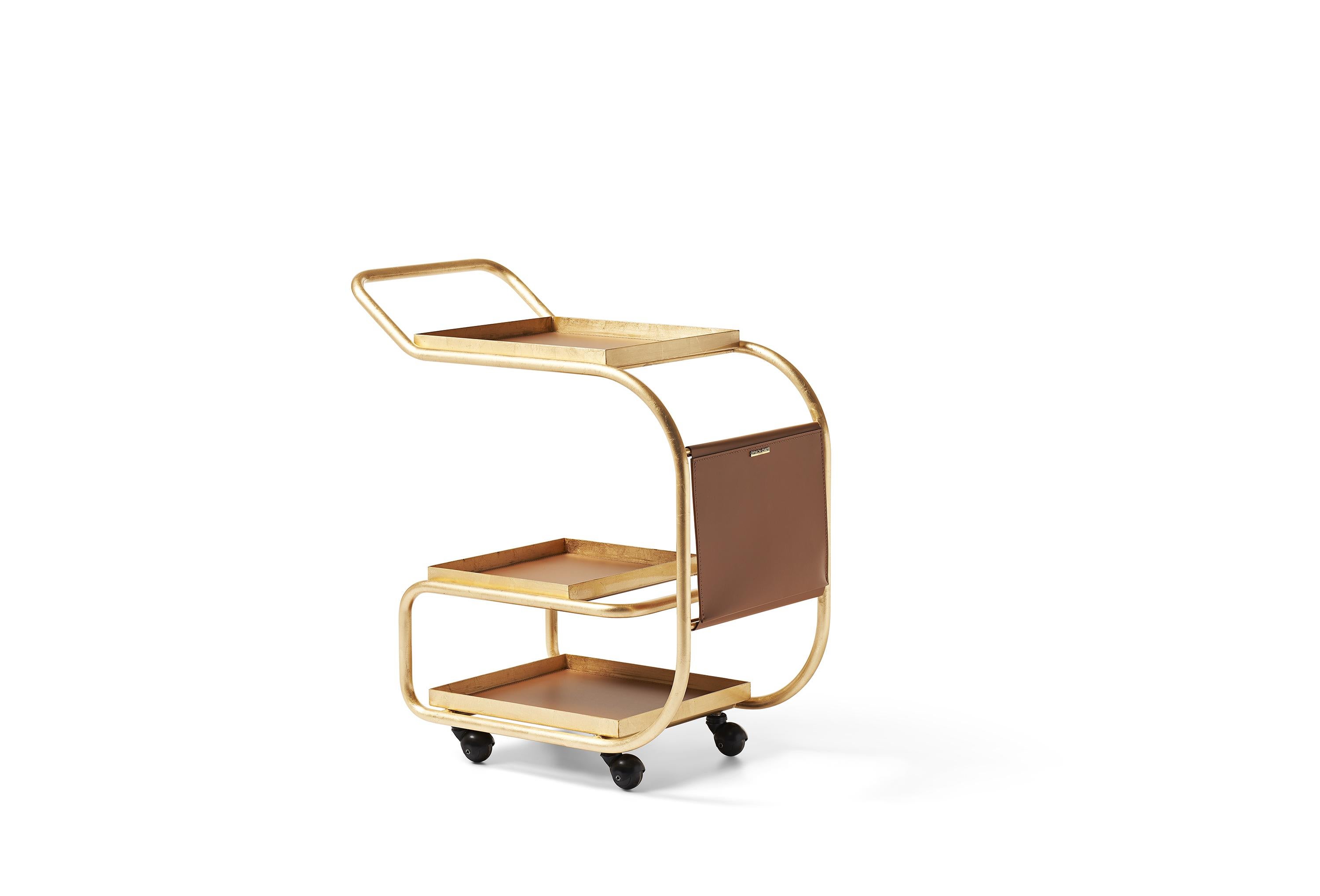 A trolley, a bar cart, an independent workstation… Zenzero is surprising, peppery, engaging, it is hospitality on wheels.

Three steel trays are supported by a sinuous structure made of thin steel tubes, with a convenient pocket in regenerated