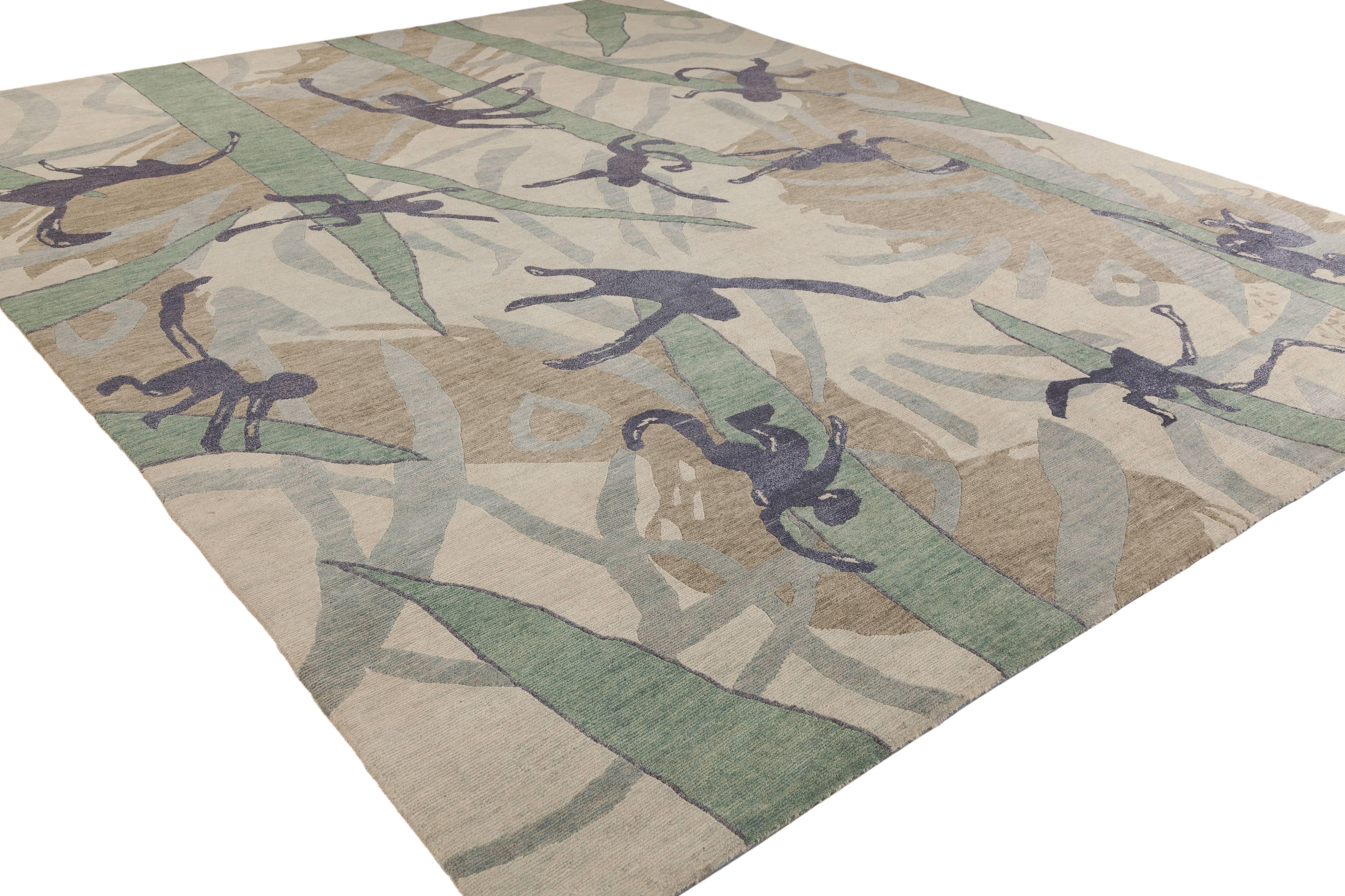 A whimsical Deco jungle, home to a bevy of very happy monkeys. The heathered Tibetan wool background features hues of grey-blue and blue. The leaf accents in both pure Chinese silk as well as wool and silk blends feature tones of pale mint-green,