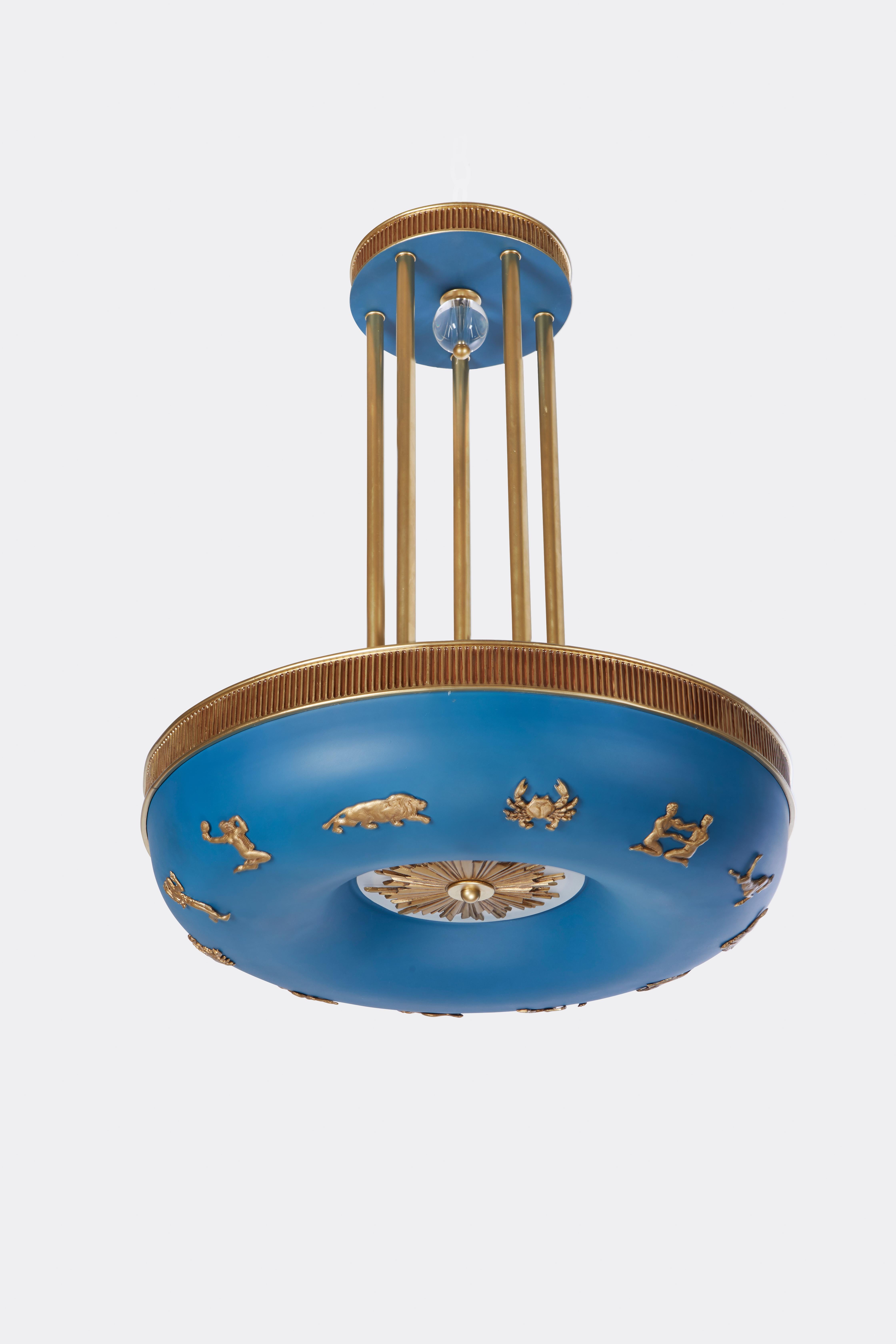 Brass Zephyr Zodiac Light in Blue Danube by David Duncan Studio For Sale