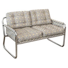 Zermatt Tubular Chrome Sling-Back Settee Upholstered in Gray, Yellow and Black