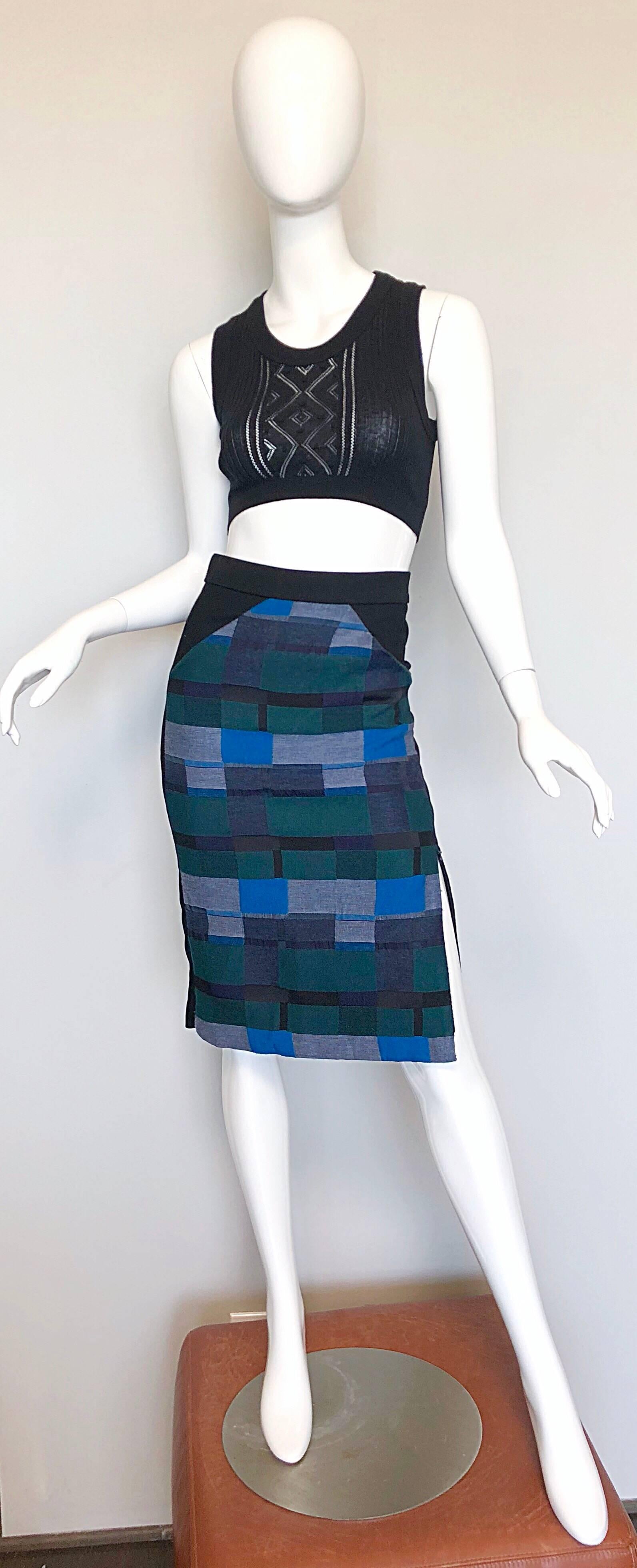 Zero + Maria Cornejo Block Print Black + Blue + Green High Waisted Pencil Skirt For Sale 3