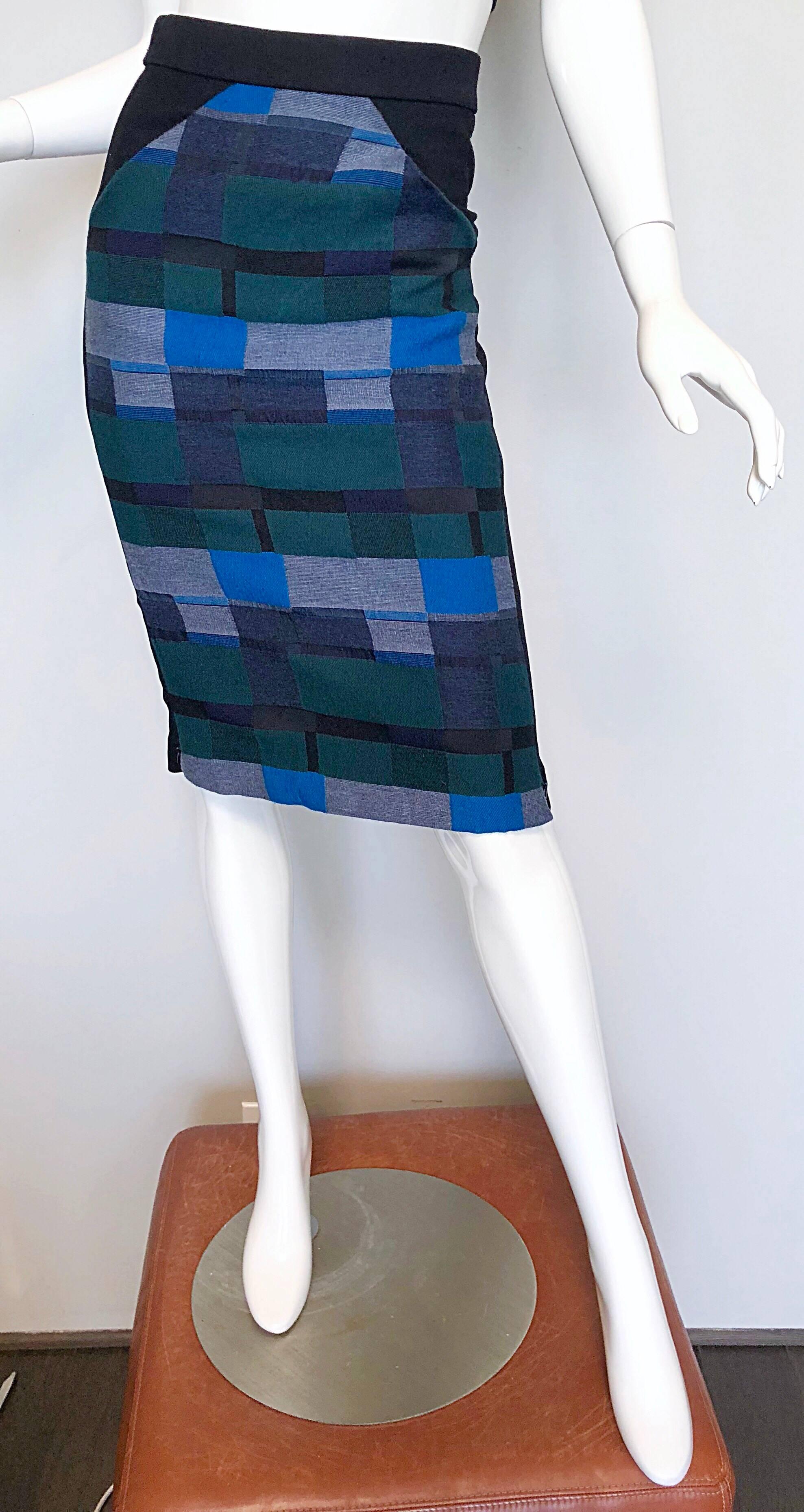 Bleu Zero + Maria Cornejo - Jupe fourreau taille haute noir + bleu + vert, imprimé bloc en vente
