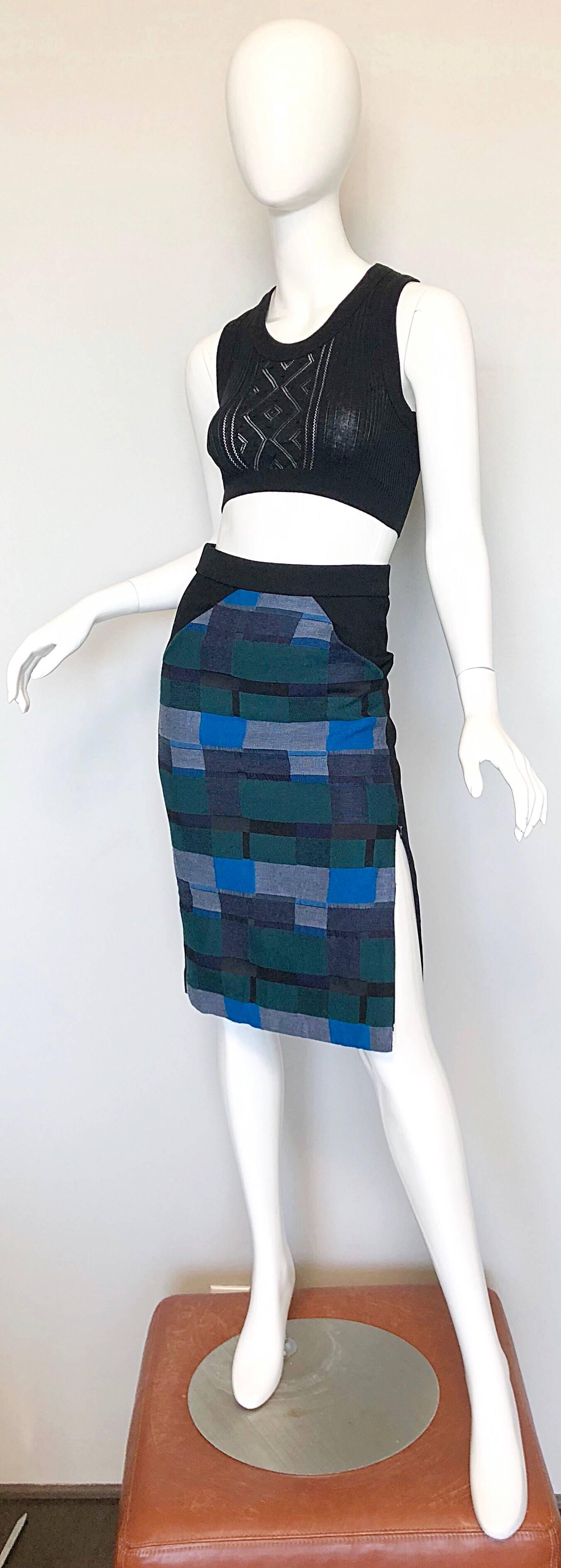 Zero + Maria Cornejo - Jupe fourreau taille haute noir + bleu + vert, imprimé bloc Excellent état - En vente à San Diego, CA