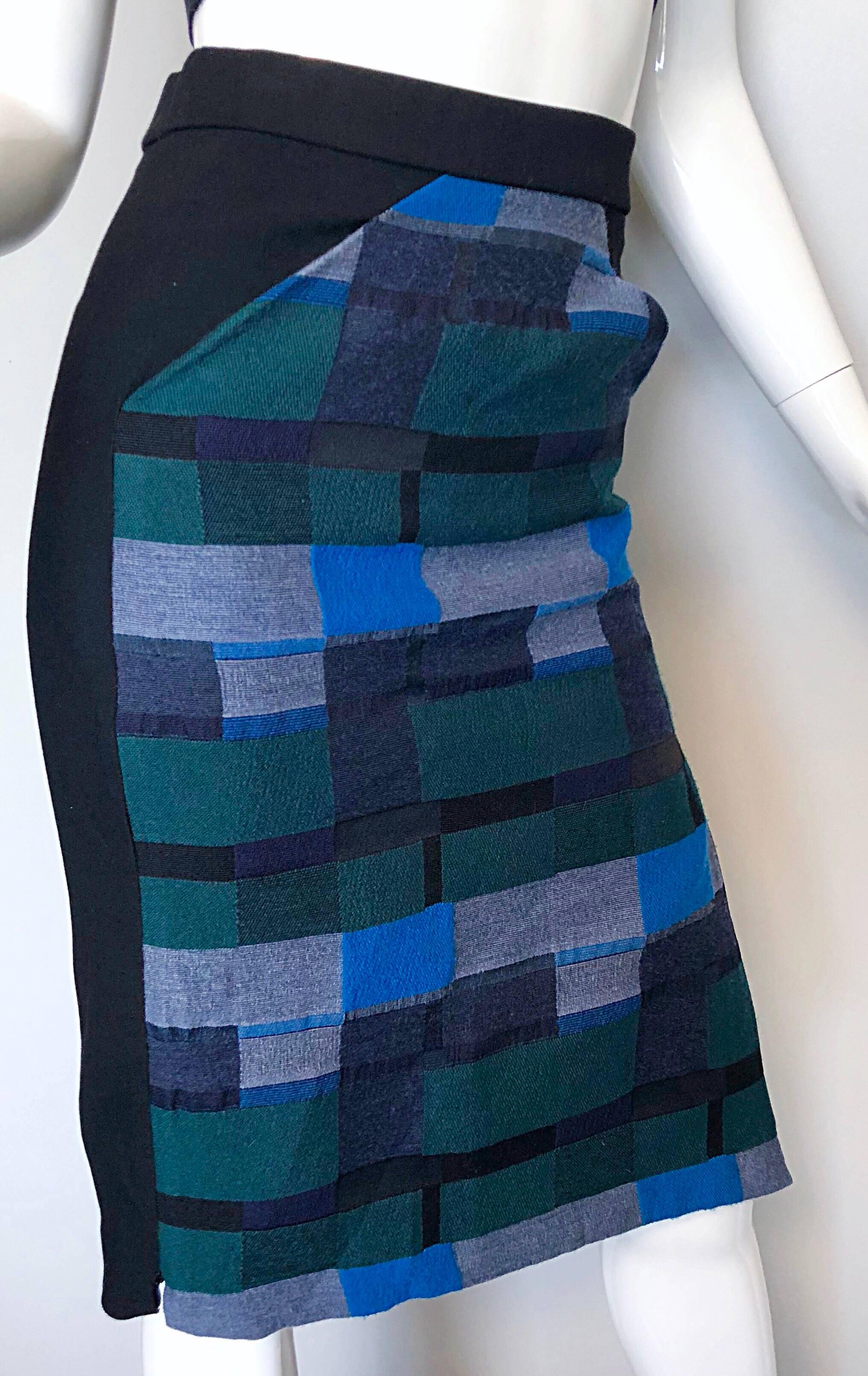 Zero + Maria Cornejo Block Print Black + Blue + Green High Waisted Pencil Skirt In Excellent Condition For Sale In San Diego, CA