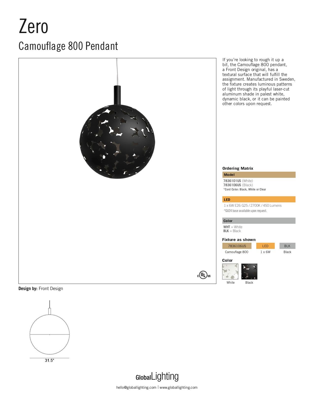 Contemporary Zero Camouflage 800 Pendant in Black by Front Design For Sale