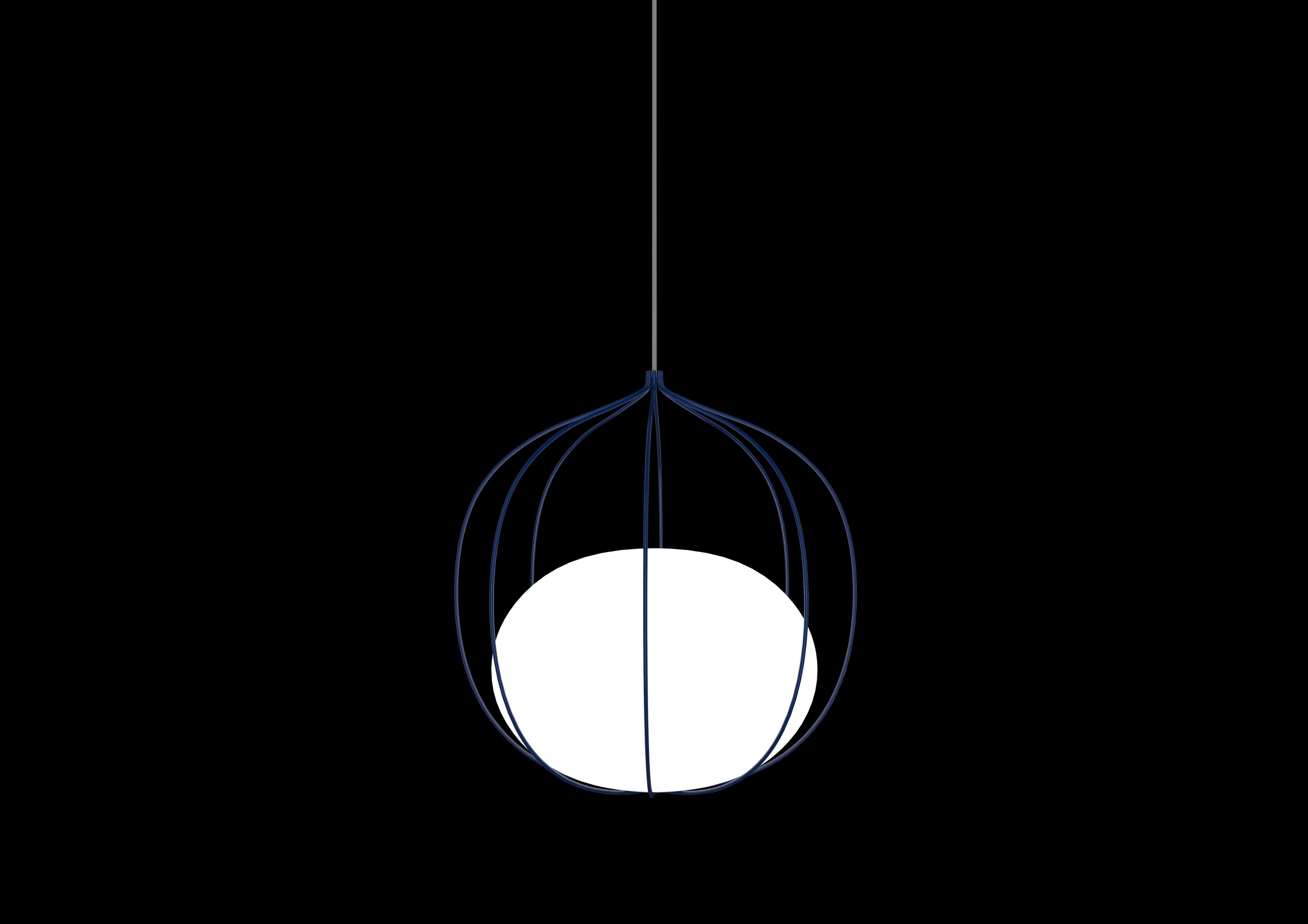 The Hoop pendant incorporates a metal cage-like frame made up of eight wires. Inside the frame, a globe-shaped glass diffuser rests at the bottom. The minimalist design and organic shape of this fixture is achieved by having the electrical wire fed
