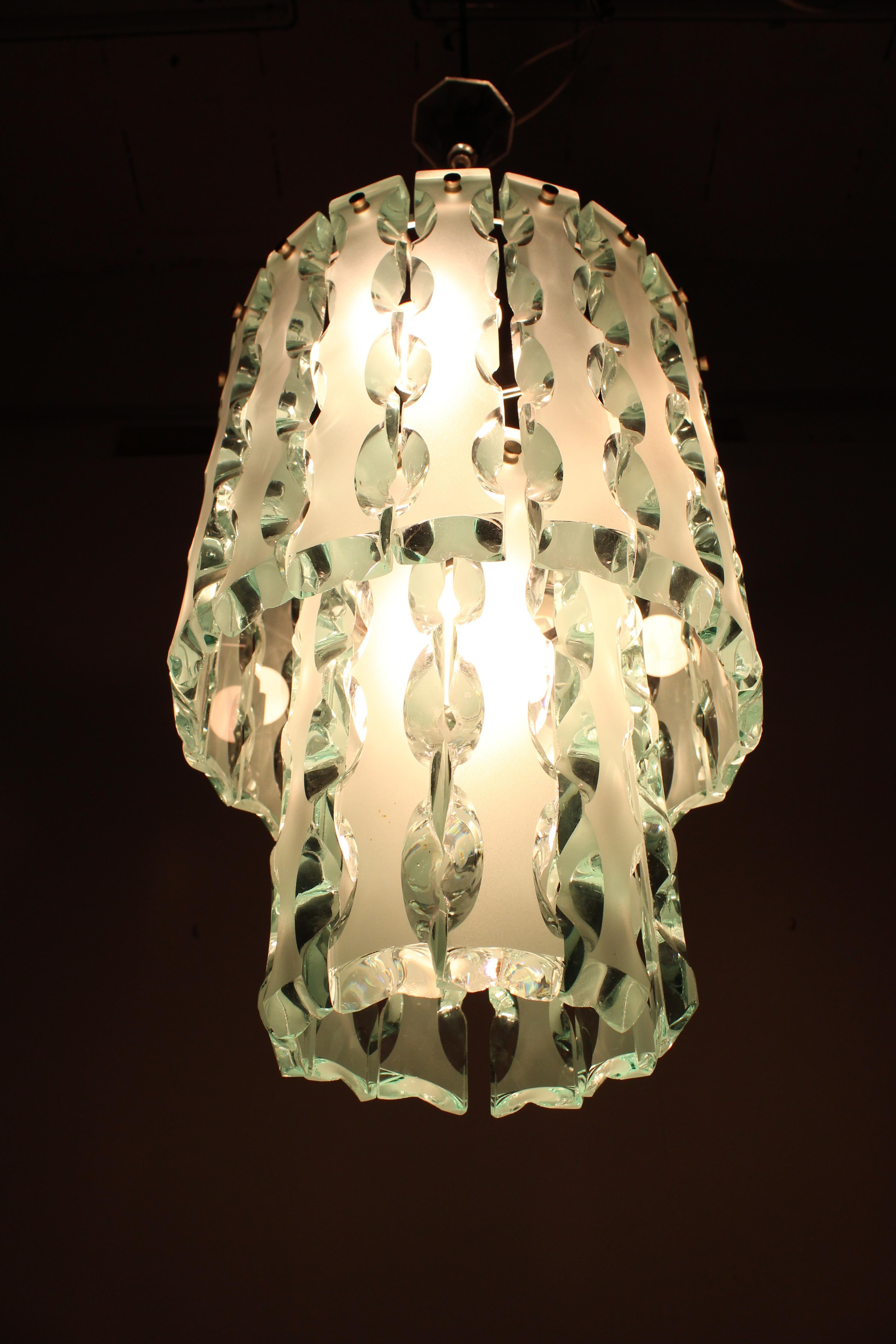 Zero Quattro 1970 Midcentury Italian Design Chrome Glass Chandelier 11