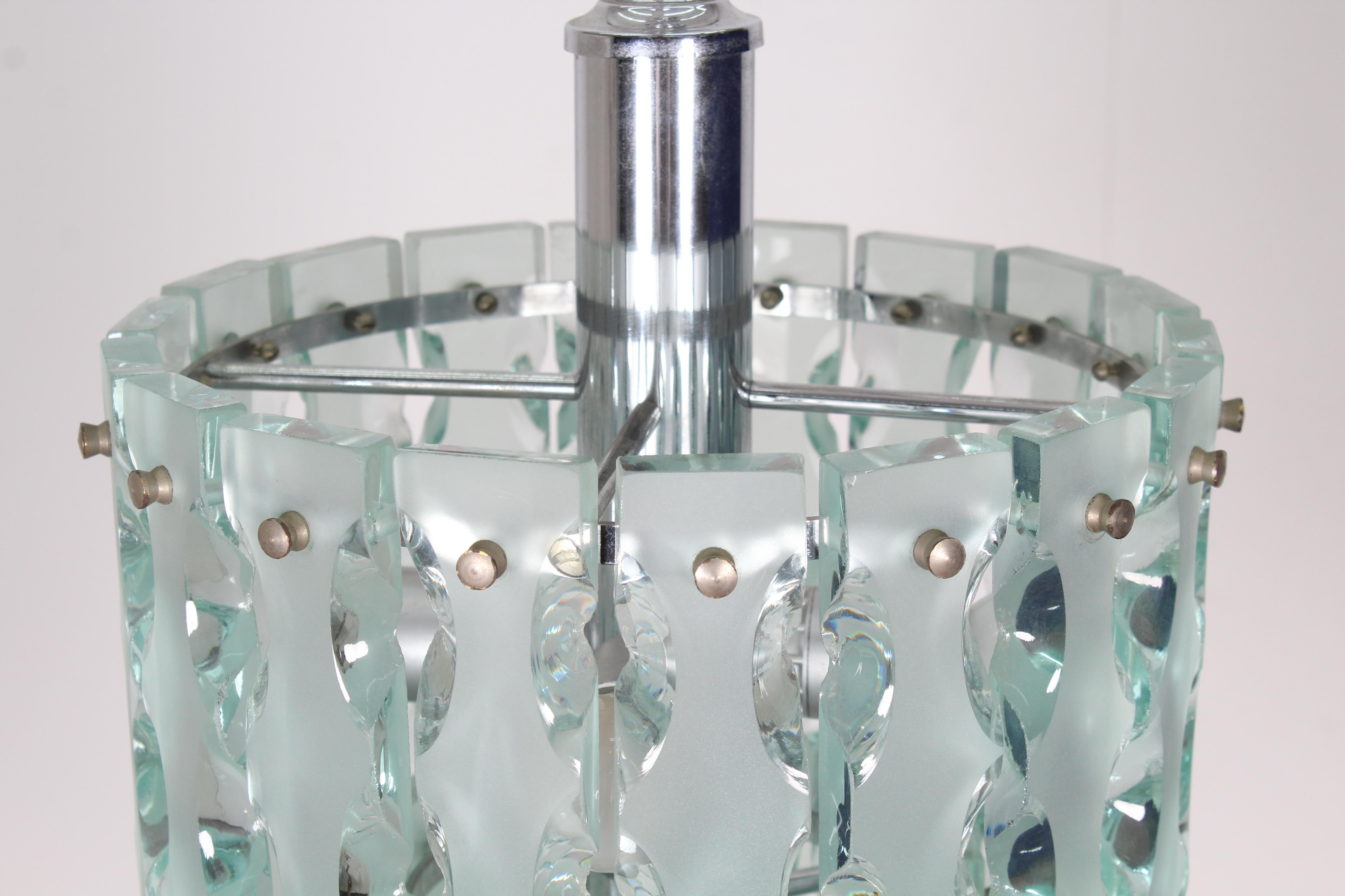 Frosted Zero Quattro 1970 Midcentury Italian Design Chrome Glass Chandelier