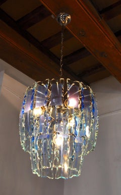 Zero Quattro Chandelier, Murano Blue Cut Glass, Italy, 1970