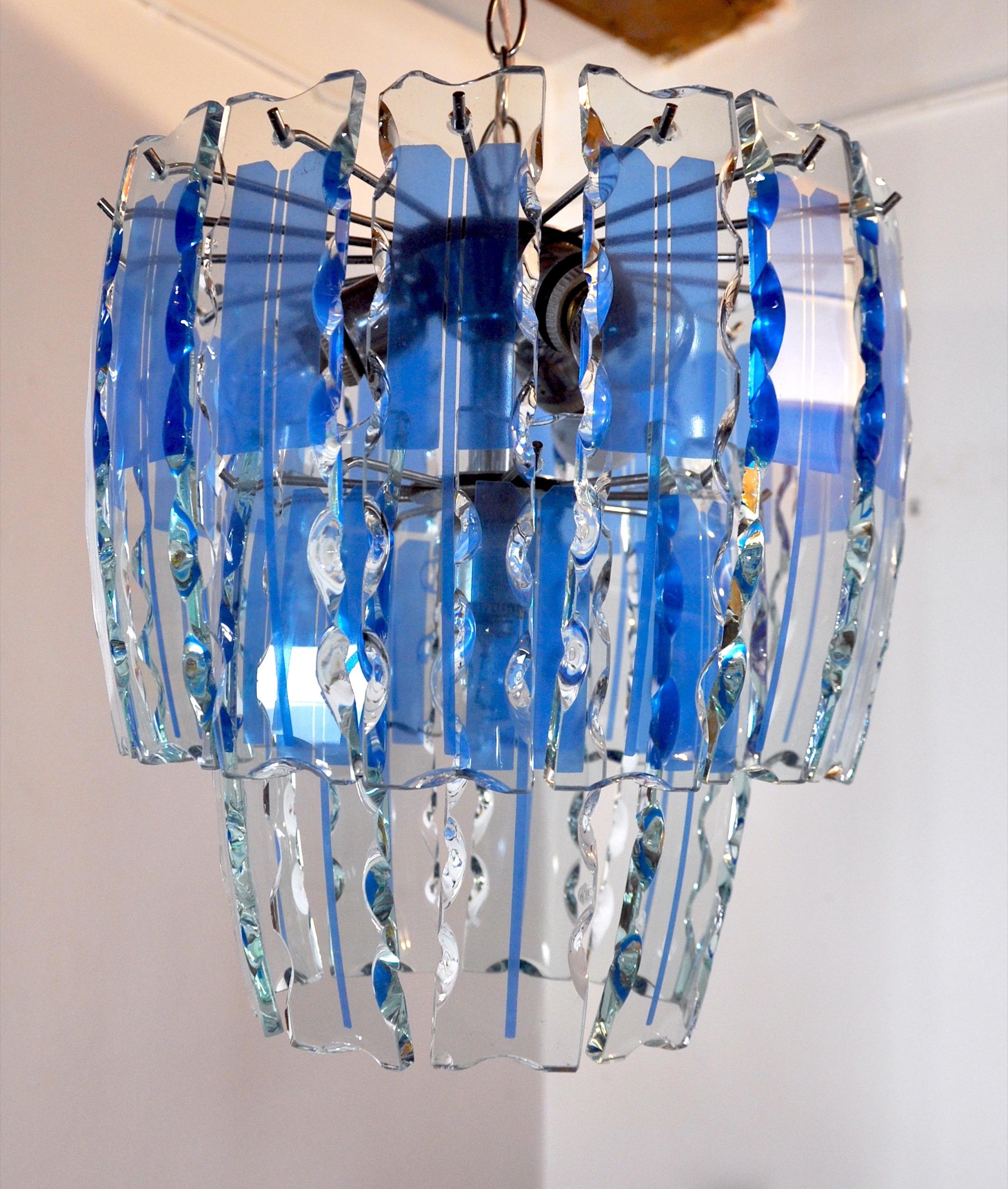 Hollywood Regency Zero Quattro Chandelier, Murano Blue Cut Glass, Italy, 1970 For Sale