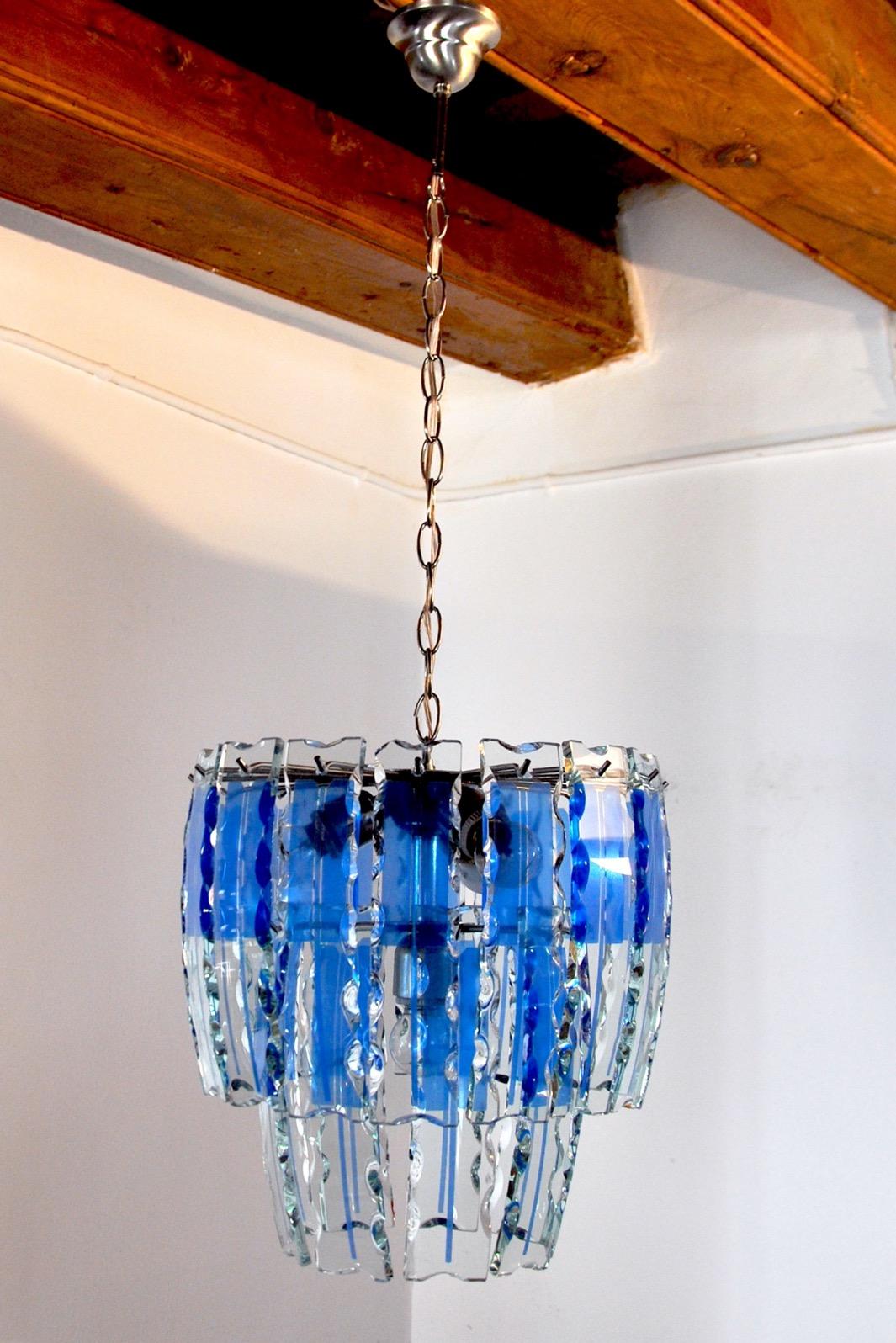 Italian Zero Quattro Chandelier, Murano Blue Cut Glass, Italy, 1970 For Sale