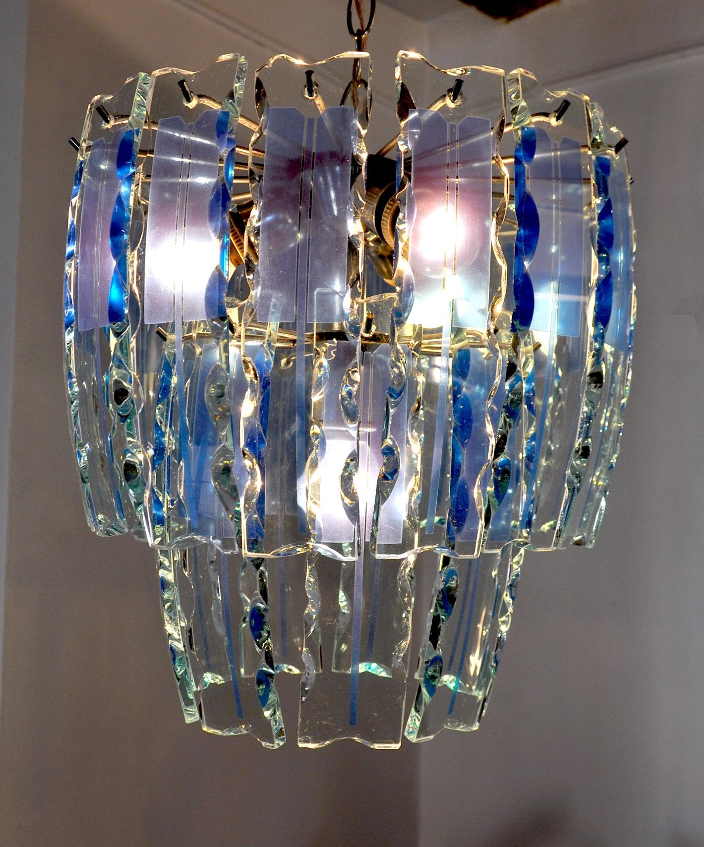 Zero Quattro Chandelier, Murano Blue Cut Glass, Italy, 1970 In Good Condition For Sale In BARCELONA, ES