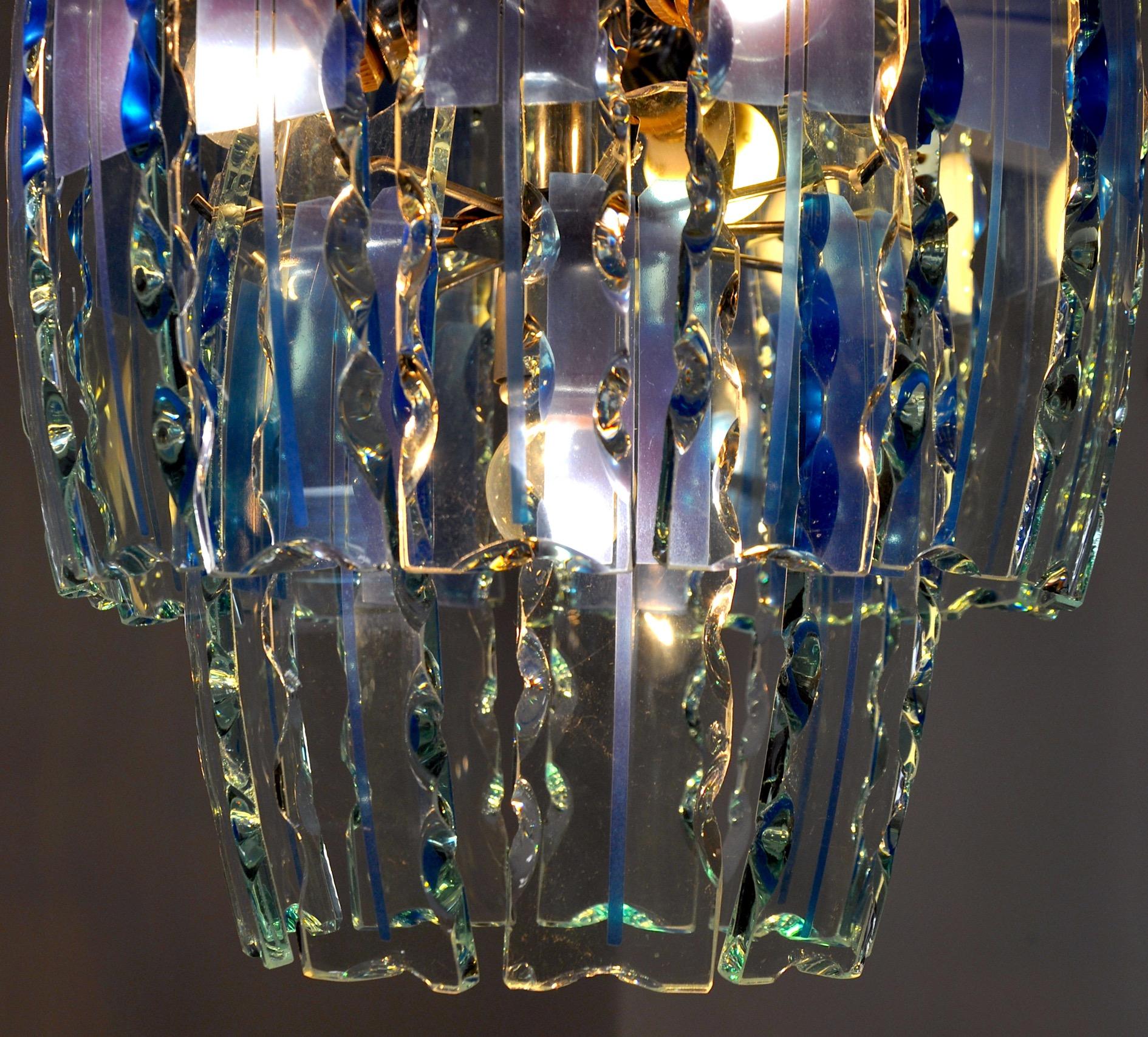 Late 20th Century Zero Quattro Chandelier, Murano Blue Cut Glass, Italy, 1970 For Sale