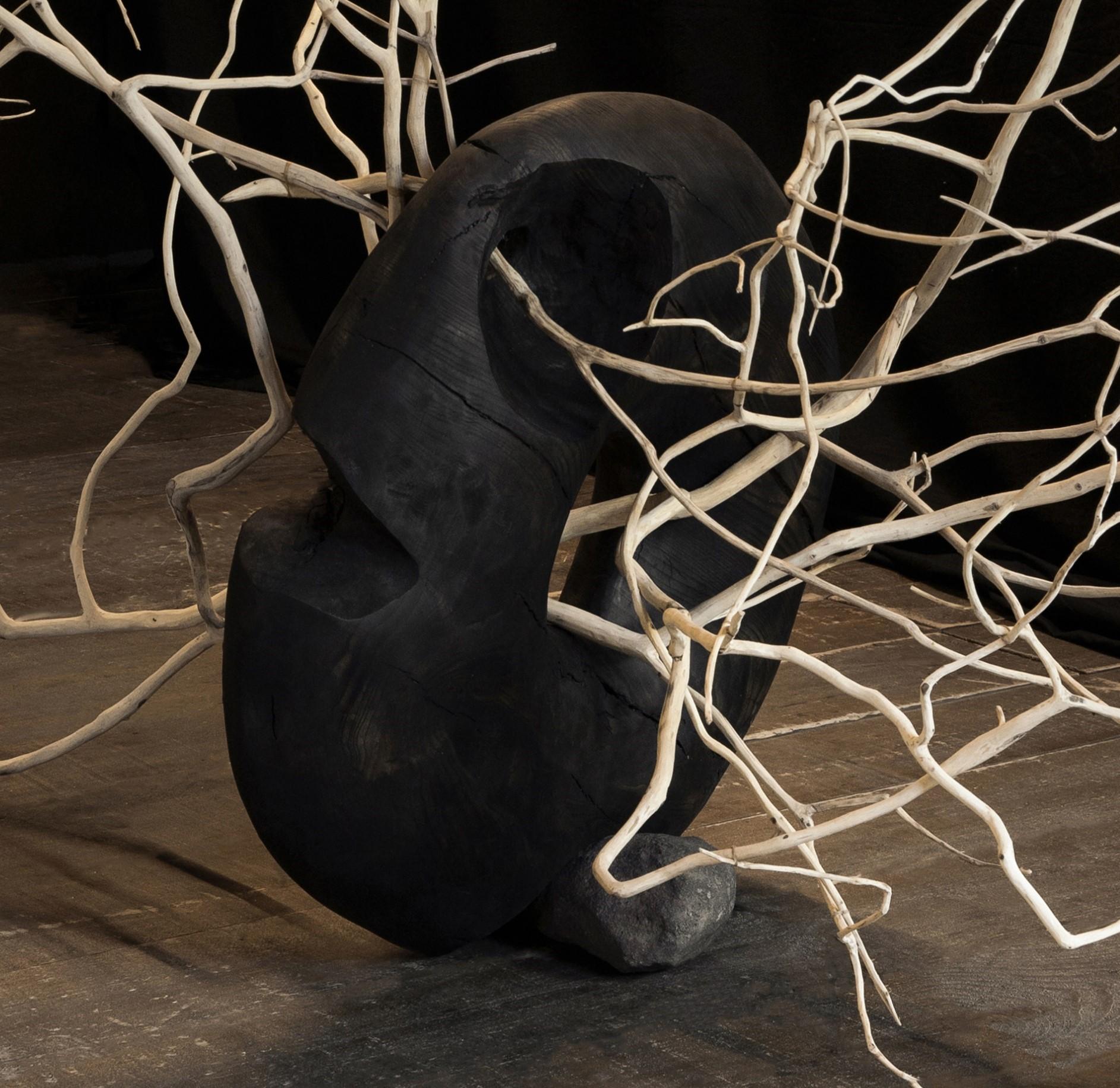 French Black Carved Wood, Twisted Branches, Organic Form Sculpture by Jérôme Pereira For Sale