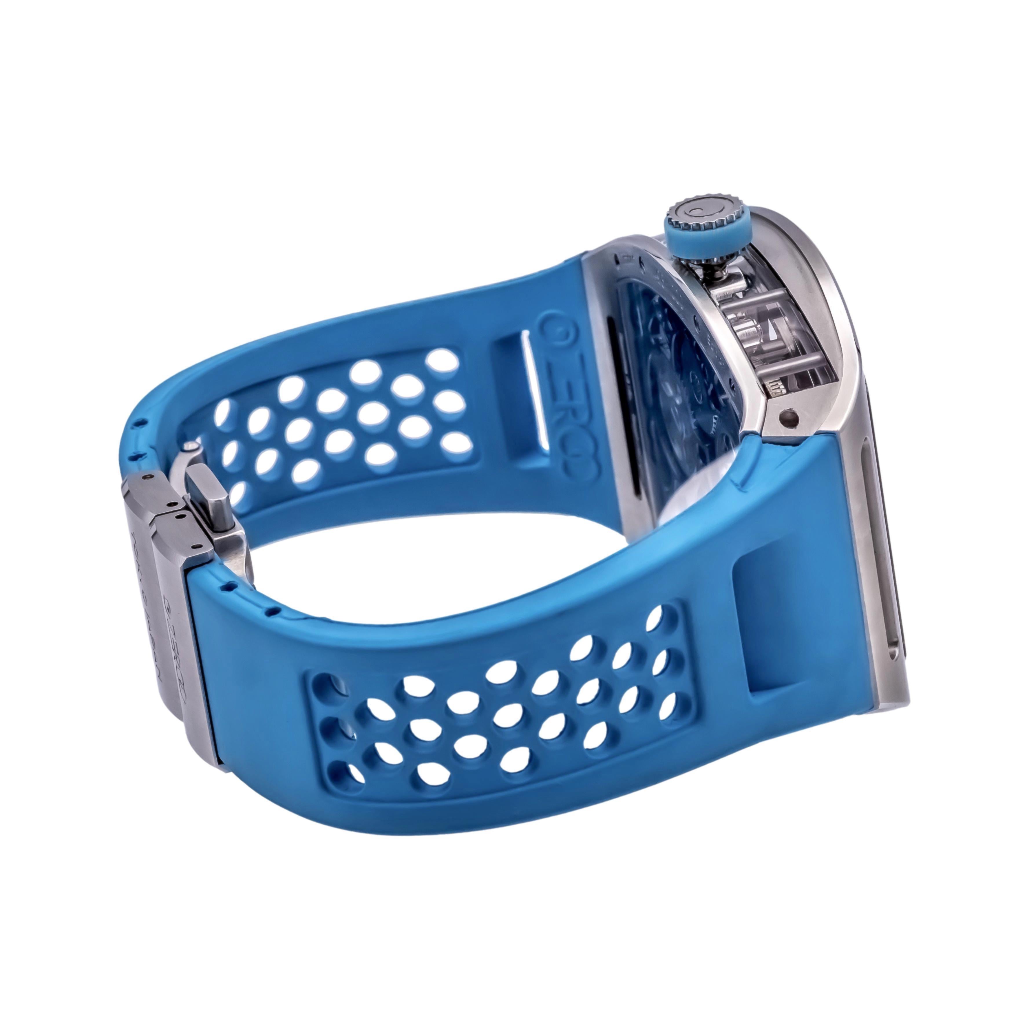 De los hombres ZEROO T4 El Arquero Reloj Tourbillon Esqueleto Completo Acero Plateado Azul NUEVO