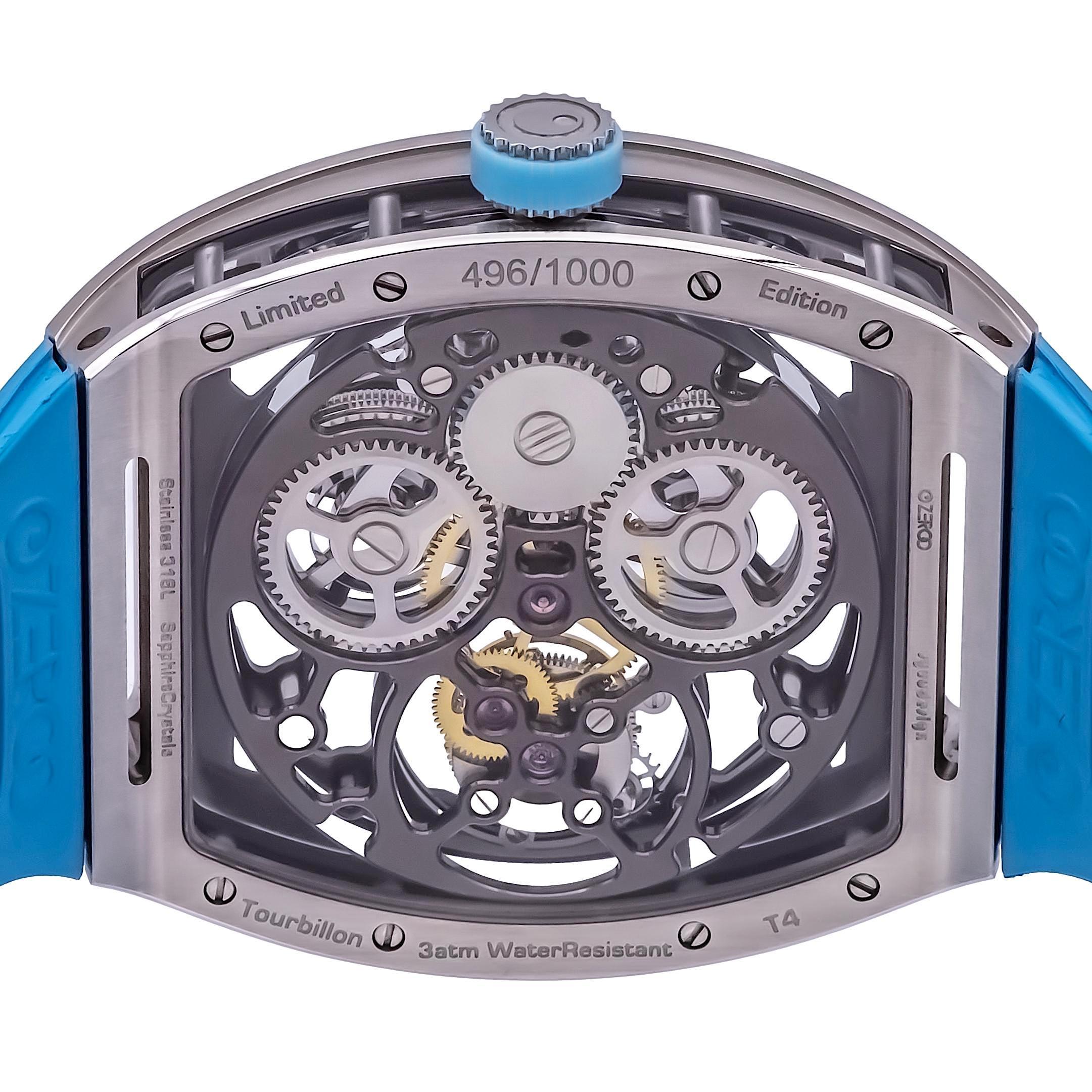 ZEROO T4 El Arquero Reloj Tourbillon Esqueleto Completo Acero Plateado Azul NUEVO 1