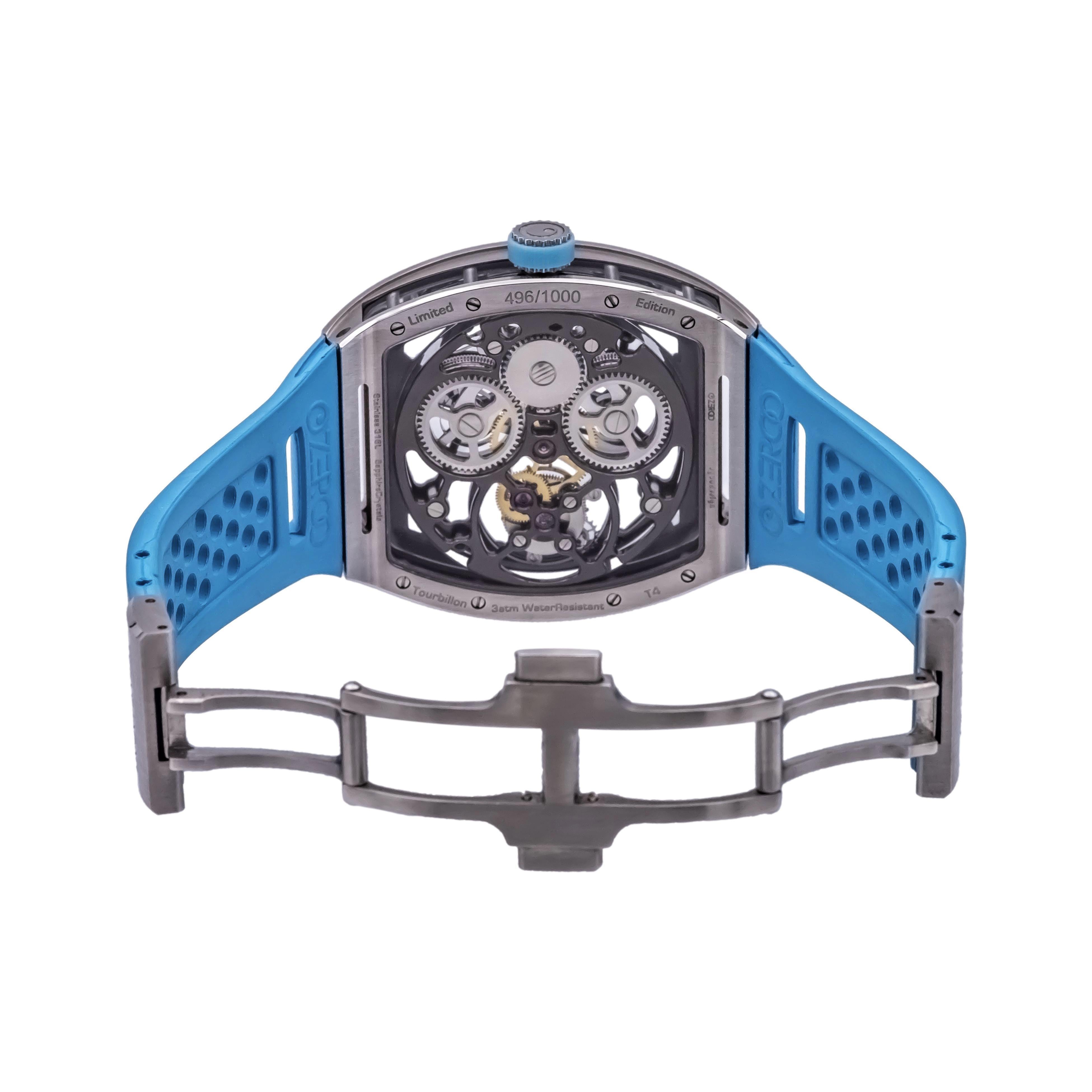 ZEROO T4 El Arquero Reloj Tourbillon Esqueleto Completo Acero Plateado Azul NUEVO 2