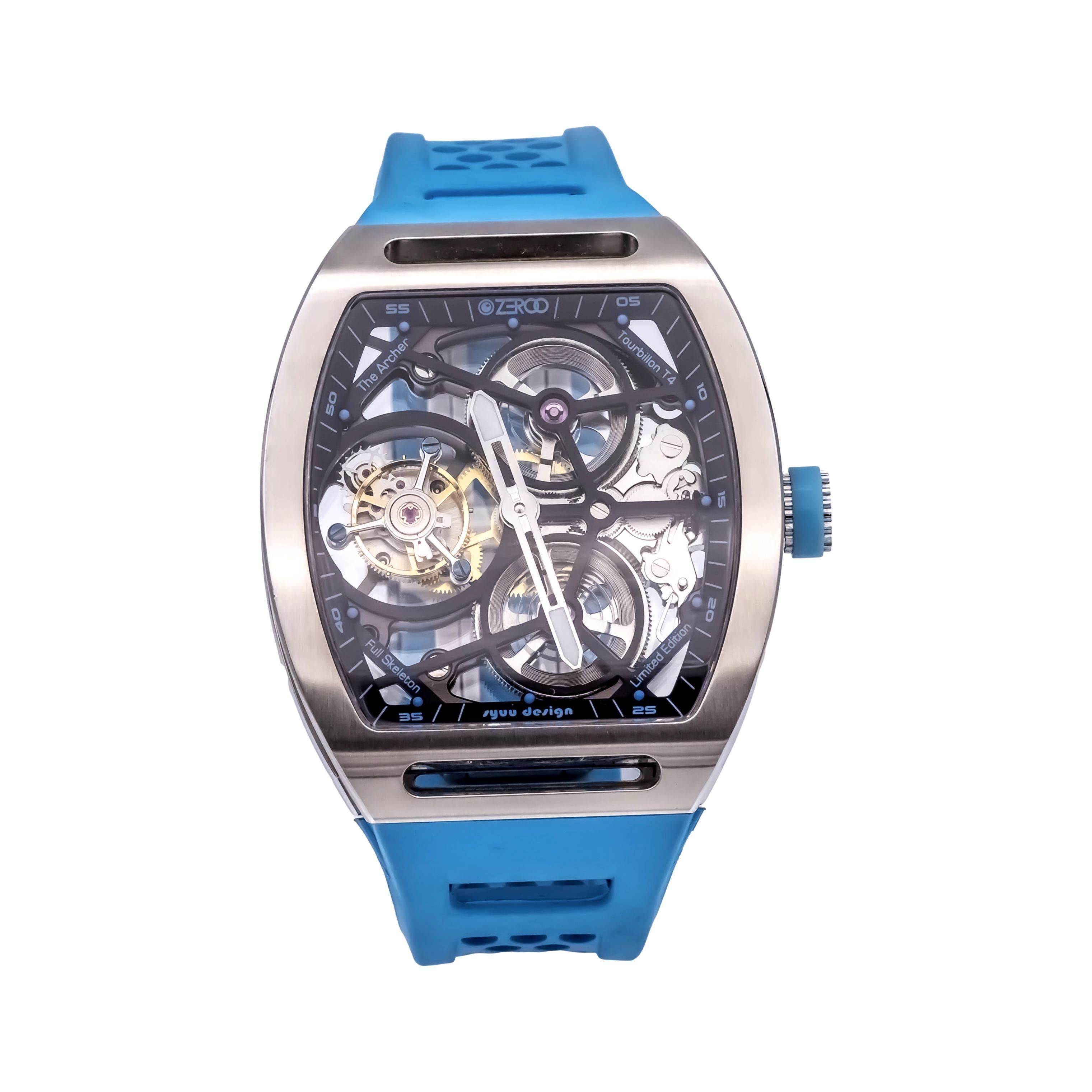 ZEROO T4 El Arquero Reloj Tourbillon Esqueleto Completo Acero Plateado Azul NUEVO 3
