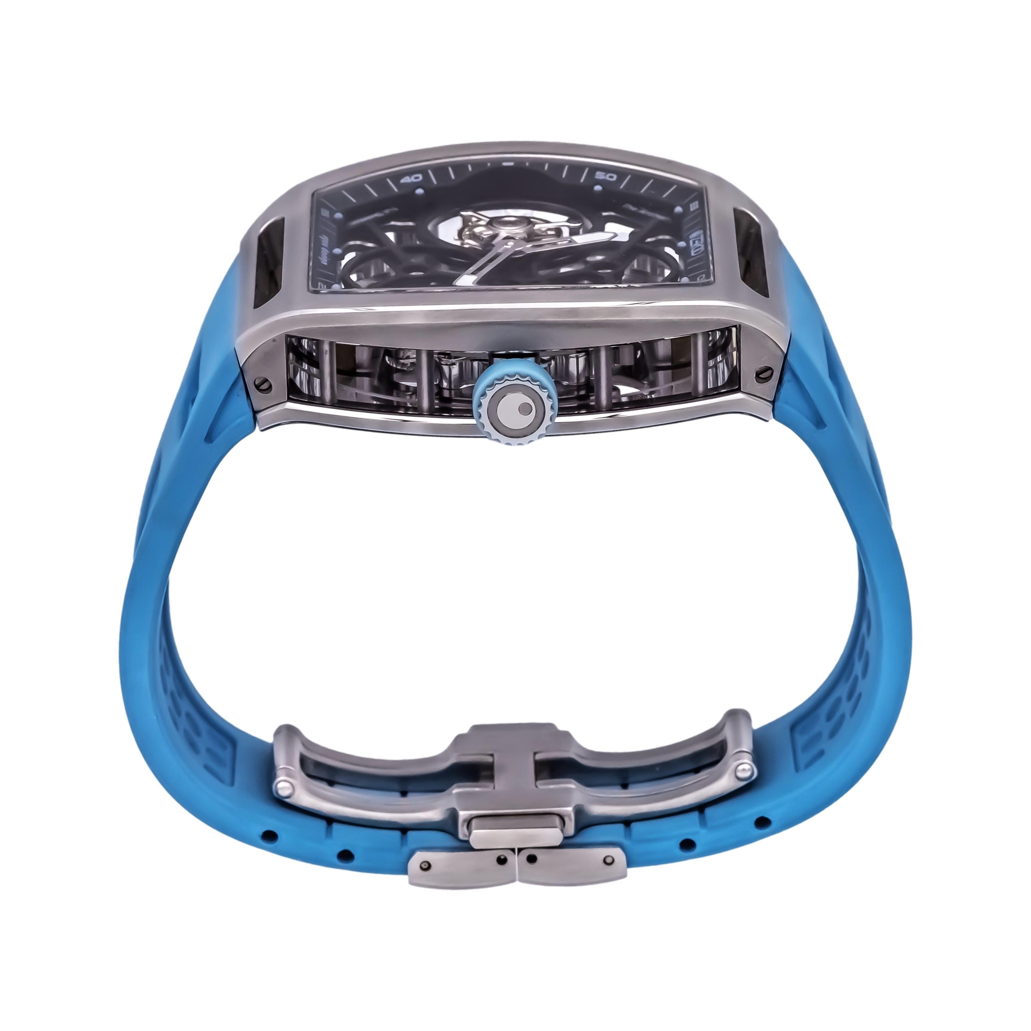 ZEROO T4 El Arquero Reloj Tourbillon Esqueleto Completo Acero Plateado Azul NUEVO 4