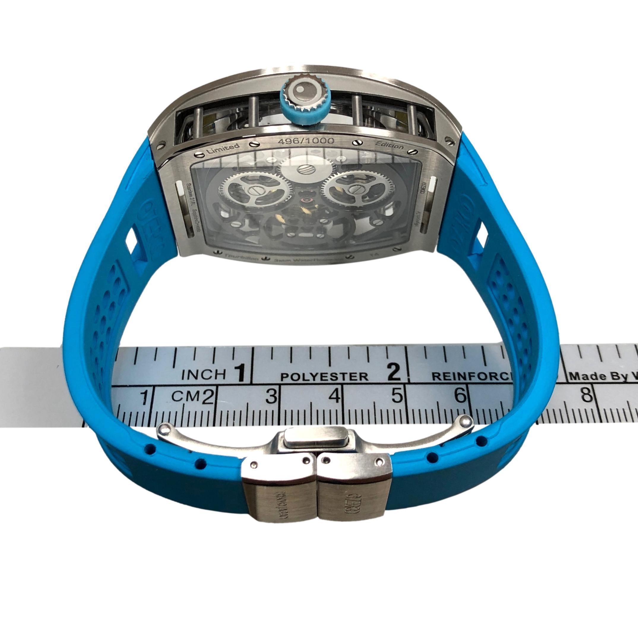 ZEROO T4 El Arquero Reloj Tourbillon Esqueleto Completo Acero Plateado Azul NUEVO 5