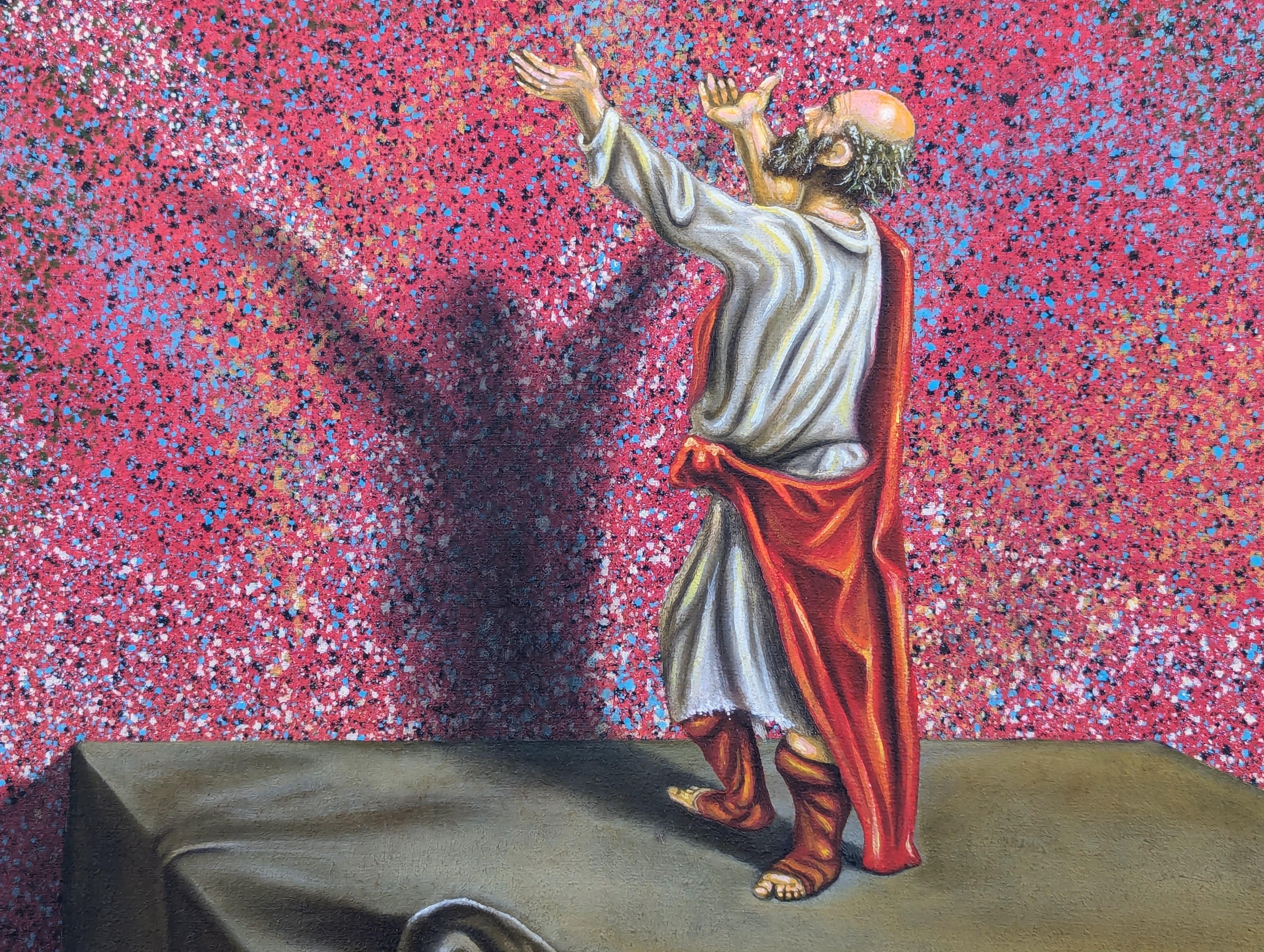 Contemporary surrealistic figurative triangle painting by an artist named Zeus. The work features a realistically rendered male figure in robes reaching out towards a floating eyeball against a red toned background. The title refers both to