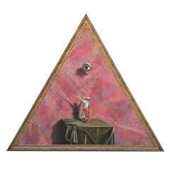 "La Soledad / Robinson Crusoe" Contemporary Red Surrealistic Triangle Painting