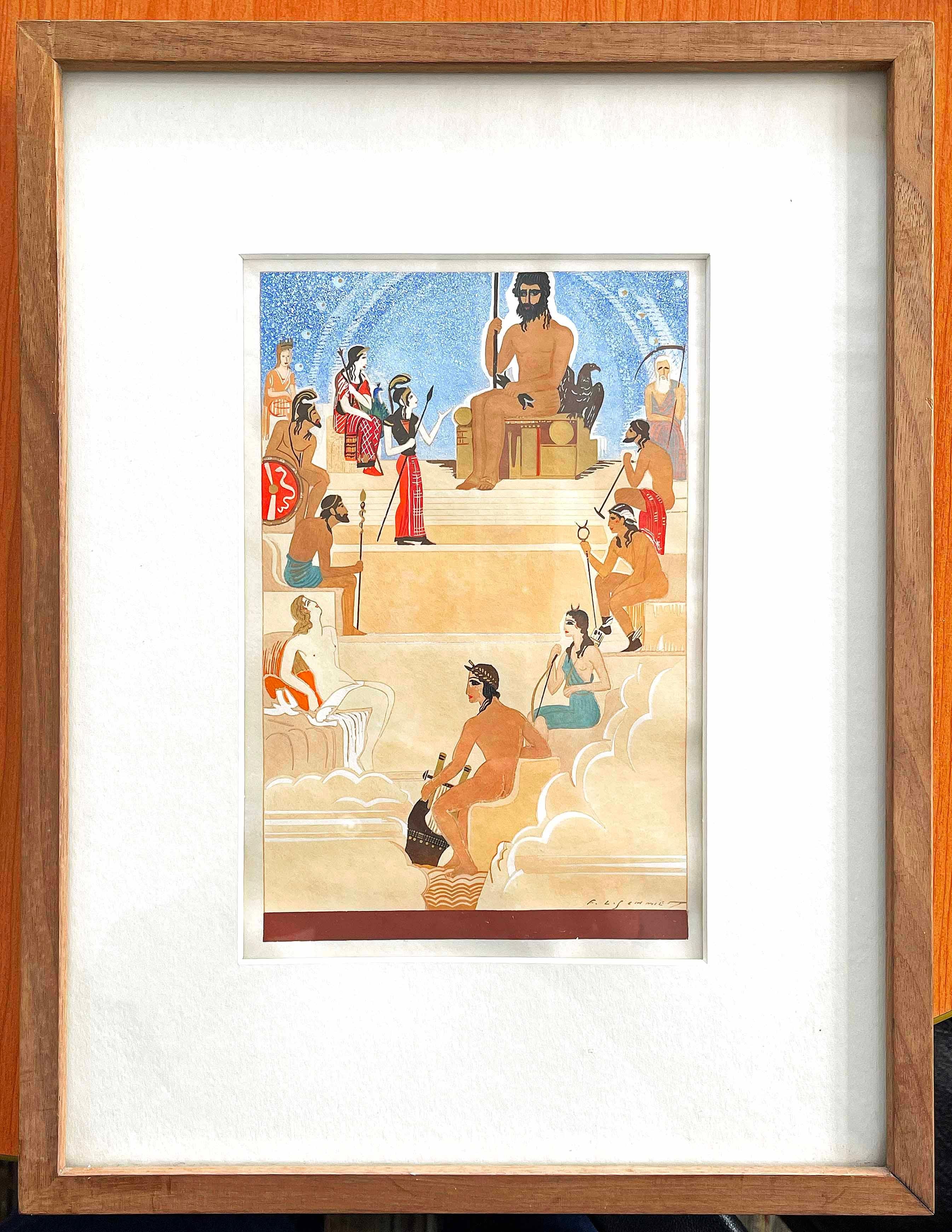 Cette magnifique représentation de Zeus présidant les dieux de l'Olympe a été peinte par François-Louis Schmied, l'un des deux plus grands artistes français spécialisés dans la conception et l'illustration de livres haut de gamme, avec Georges