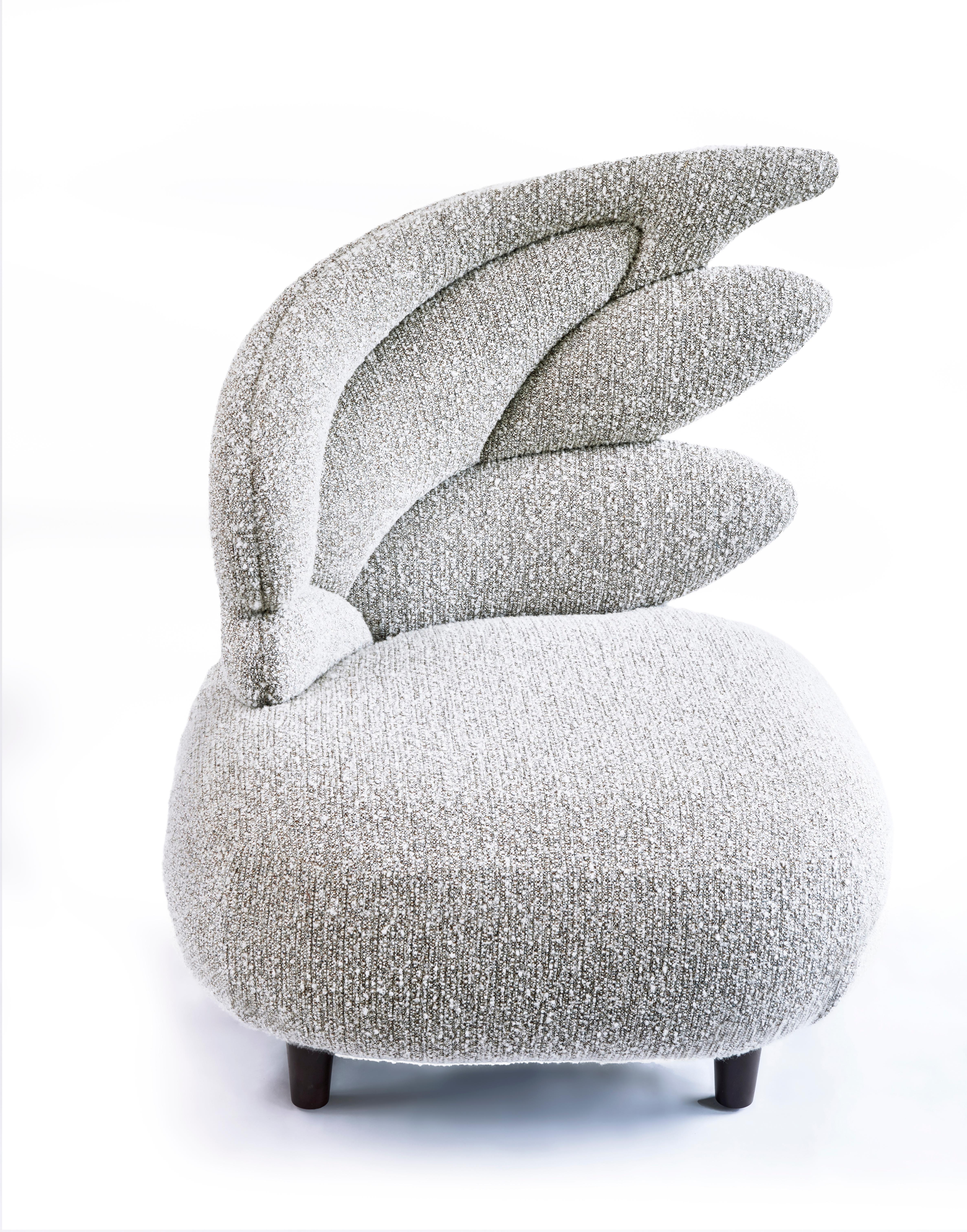 Zeus Grey Armchair by Emilie Lemardeley
Limited Edition of 24 pieces.
Dimensions: Ø 80 x H 100 cm
Materials: Wood, foam and Pierre Frey fabric.

Designed as jewellery for the interior, the Lemardeley’s creations reflect French craftsmanship infused