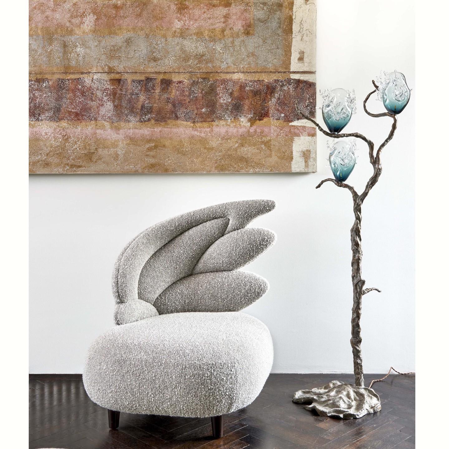 Zeus Grey Armchair by Emilie Lemardeley
Limited Edition of 24 pieces.
Dimensions: Ø 80 x H 100 cm
Materials: Wood, foam and Pierre Frey fabric.

Designed as jewellery for the interior, the Lemardeley’s creations reflect French craftsmanship infused
