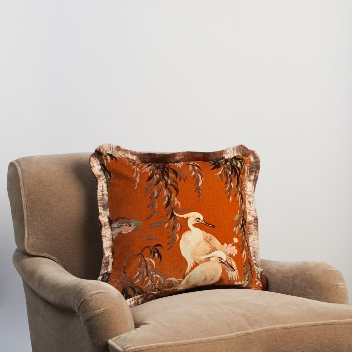 British ZEUS Medium Fringed Velvet Cushion - Tobacco For Sale