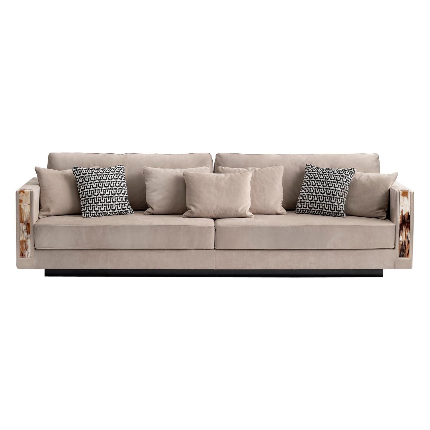 Zeus Sofa in Nabuk Leather with Armrests in Corno Italiano, Mod. 6085L