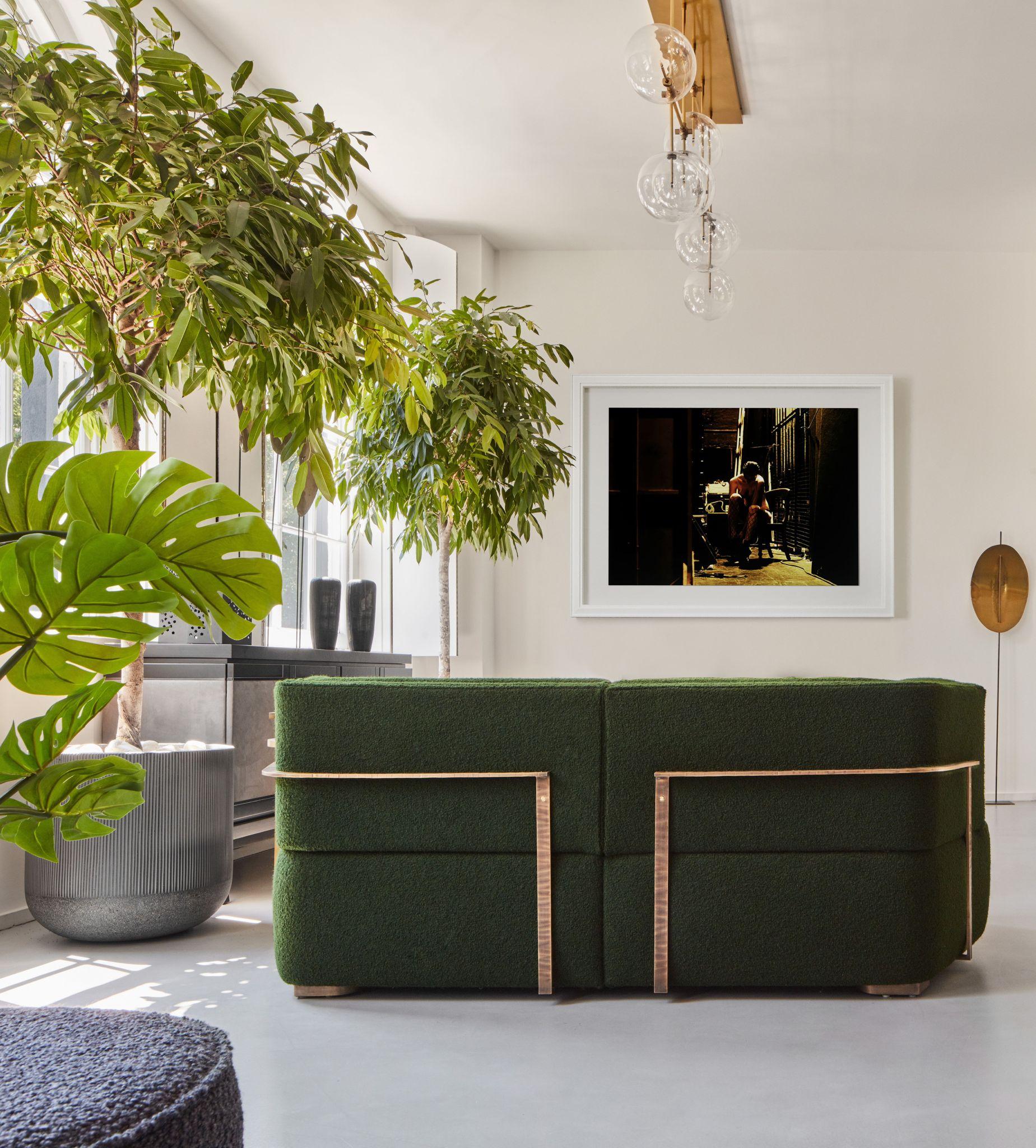 green boucle sofa