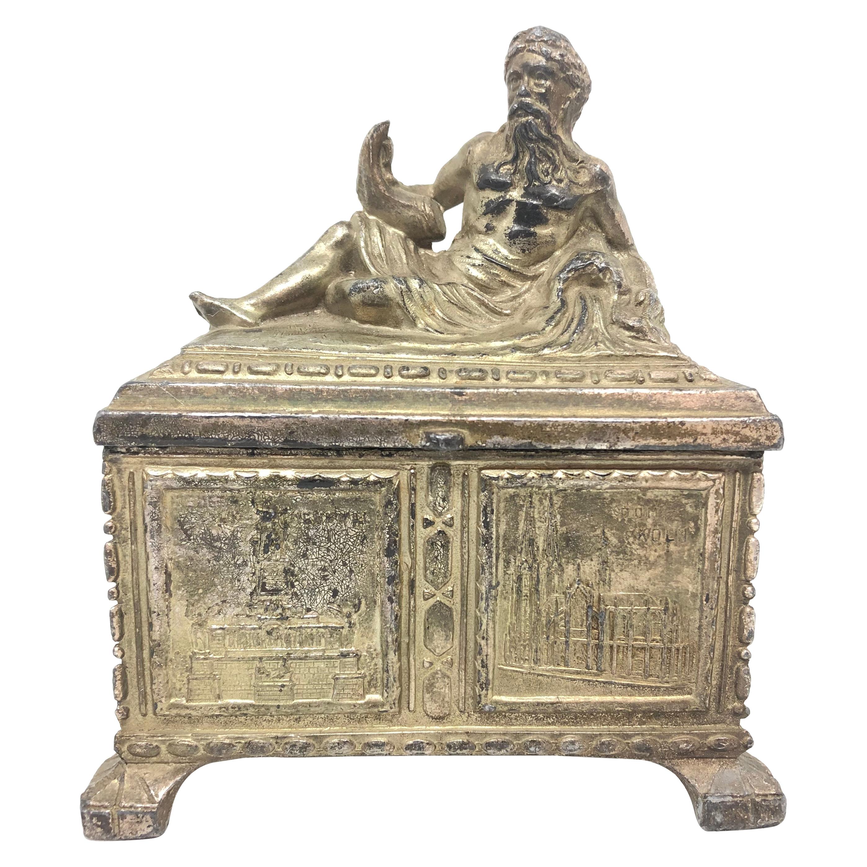 Boîte à bijoux en métal avec statue de Zeus, Souvenir allemand ancien, années 1910